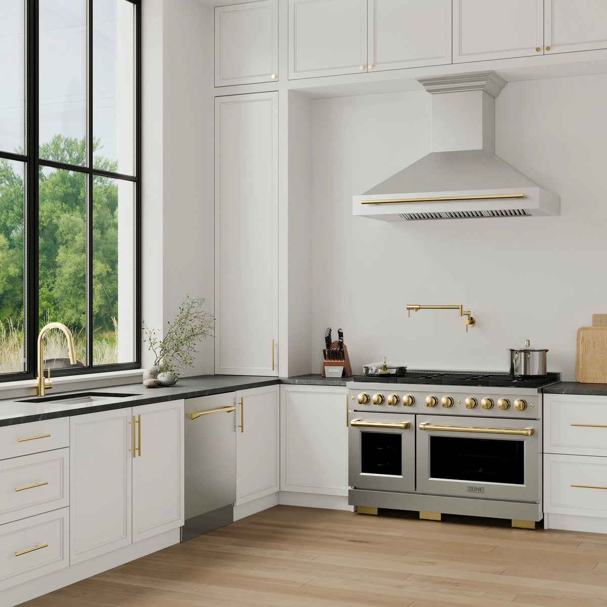 ZLINE Autograph Edition 48-Inch Paramount Gas Range with 8 Gas Burners and 6.7 cu. ft. Double Gas Oven in Stainless Steel and Polished Gold Accents (SGRZ-48-G)