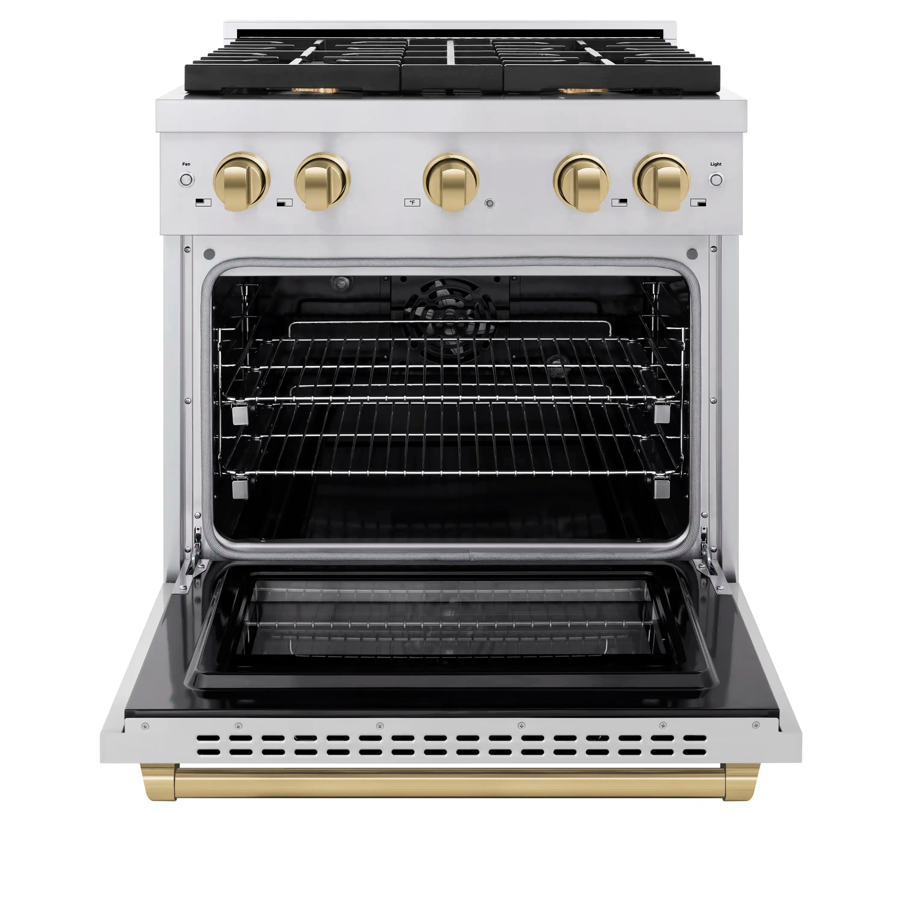 Dual-fuel range with open oven door, wire racks, and black cooktop grates