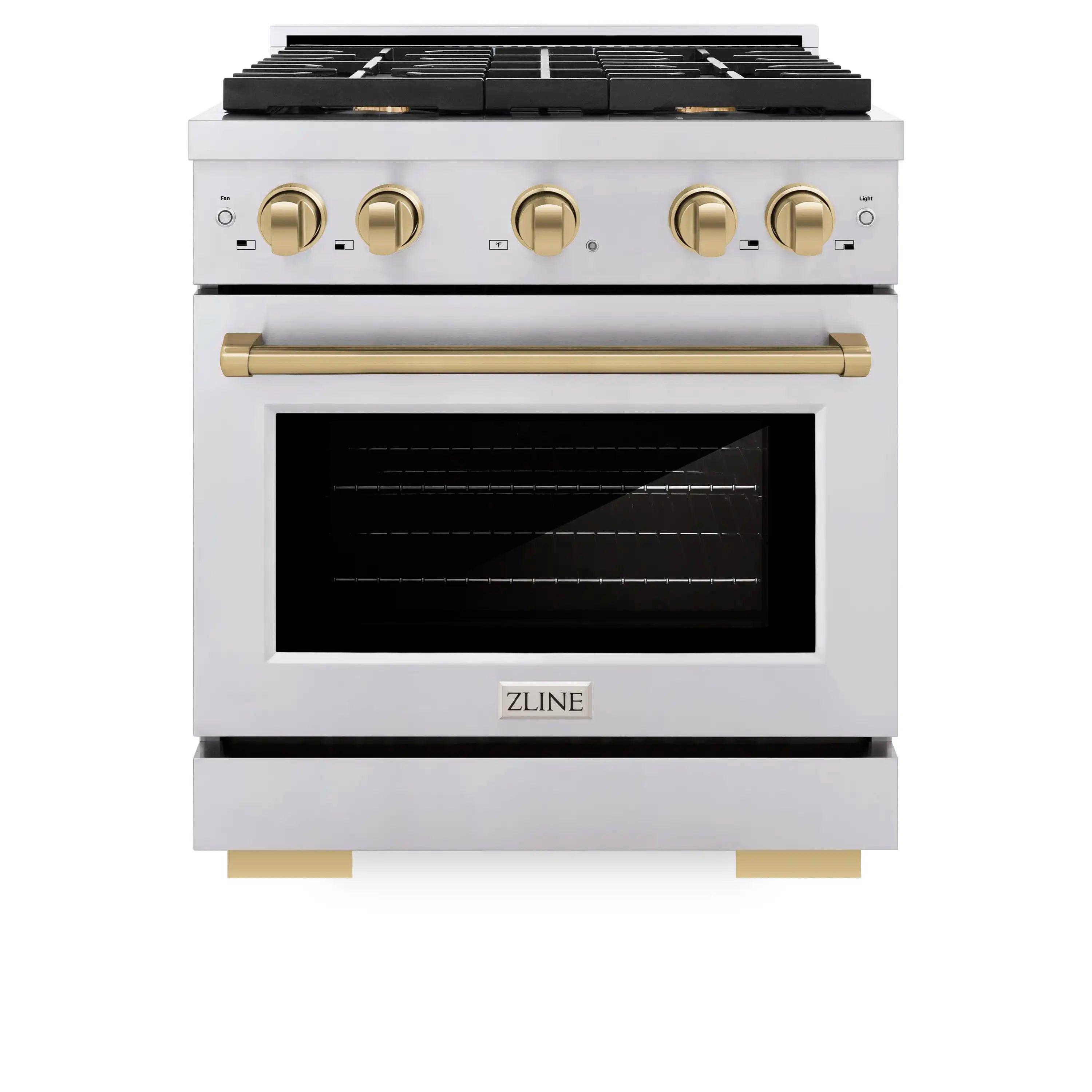 Stainless steel dual-fuel range with four burner cooktop and glass oven door