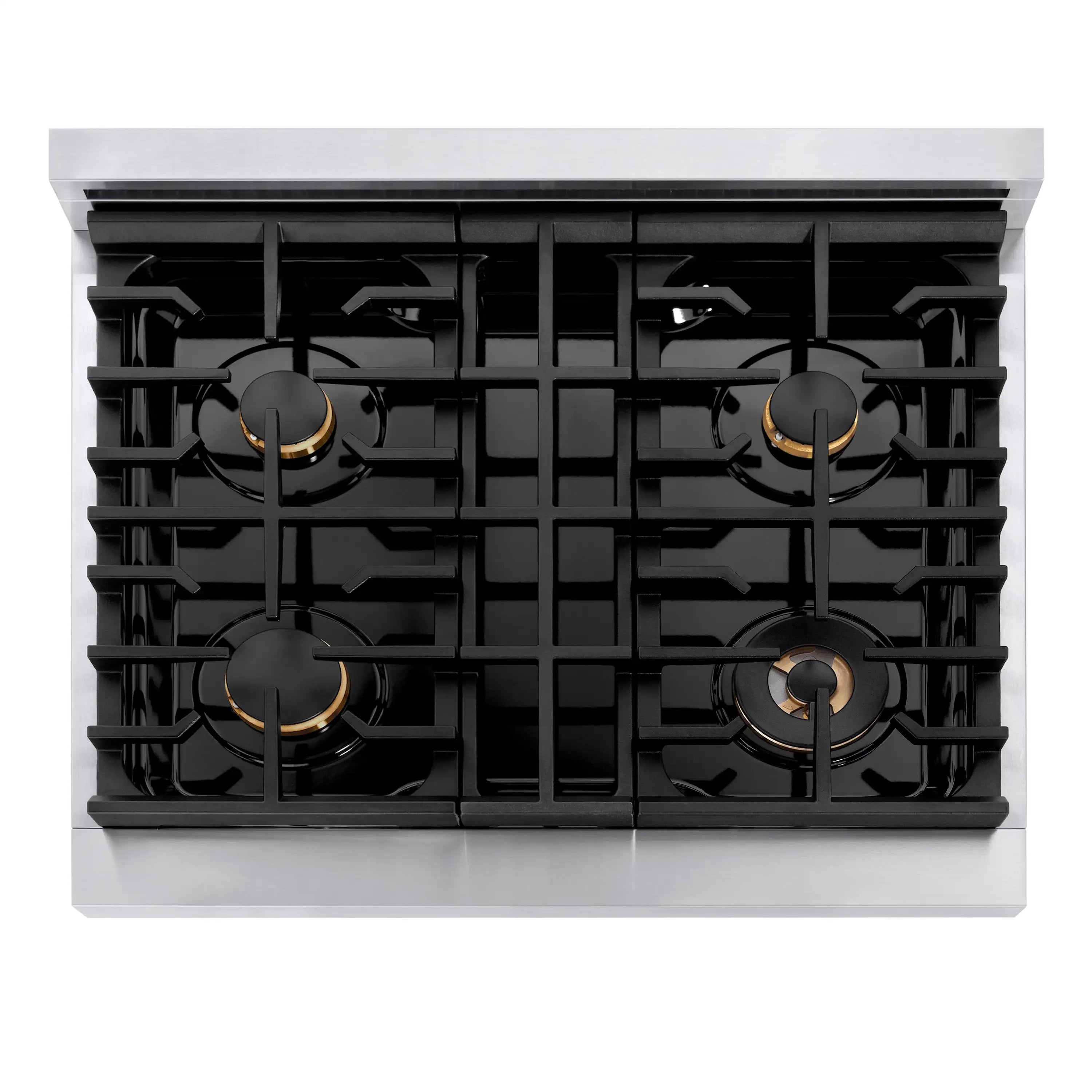 Black gas cooktop with four burners and champagne bronze accents on a stainless range