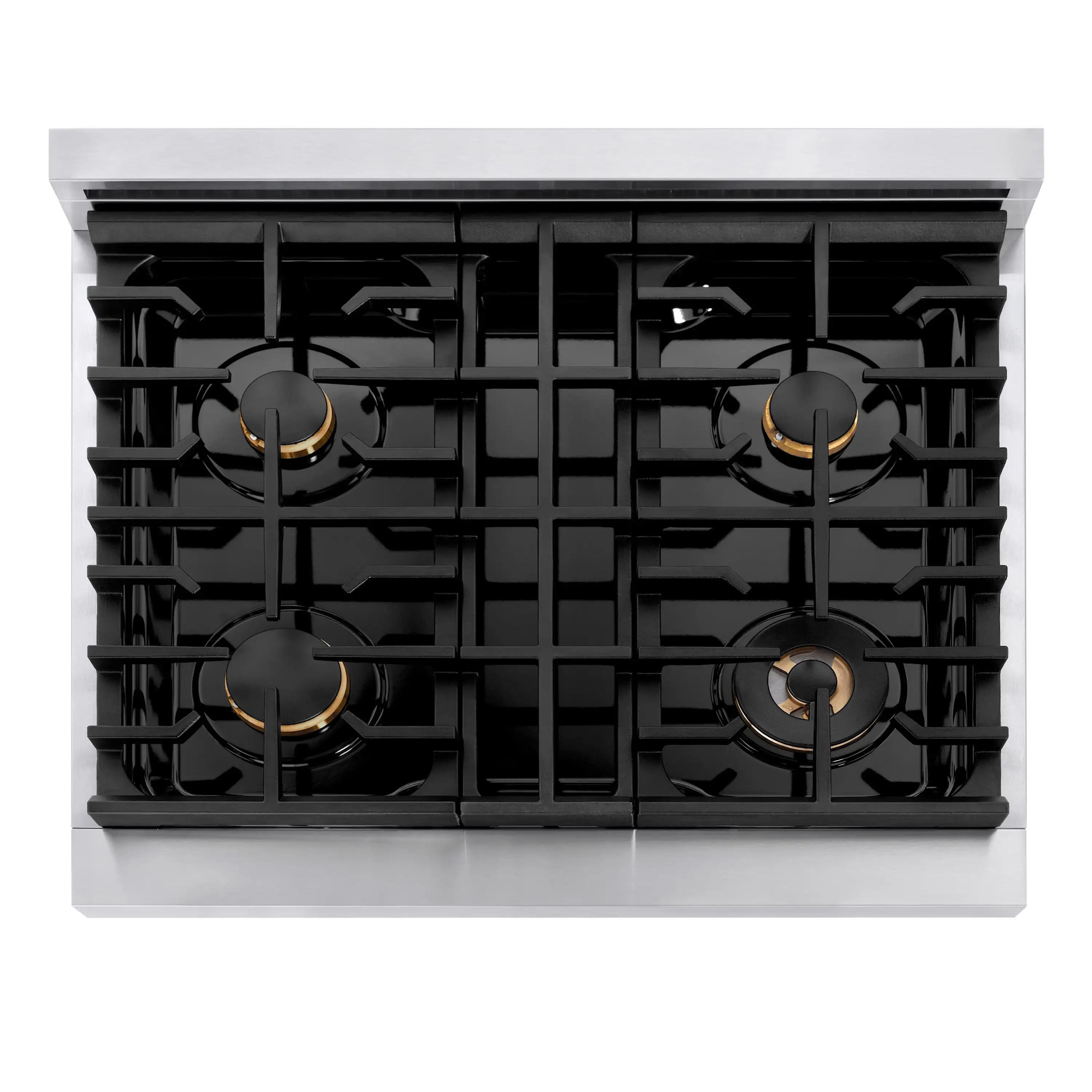 Black gas cooktop burner grates with four burner caps