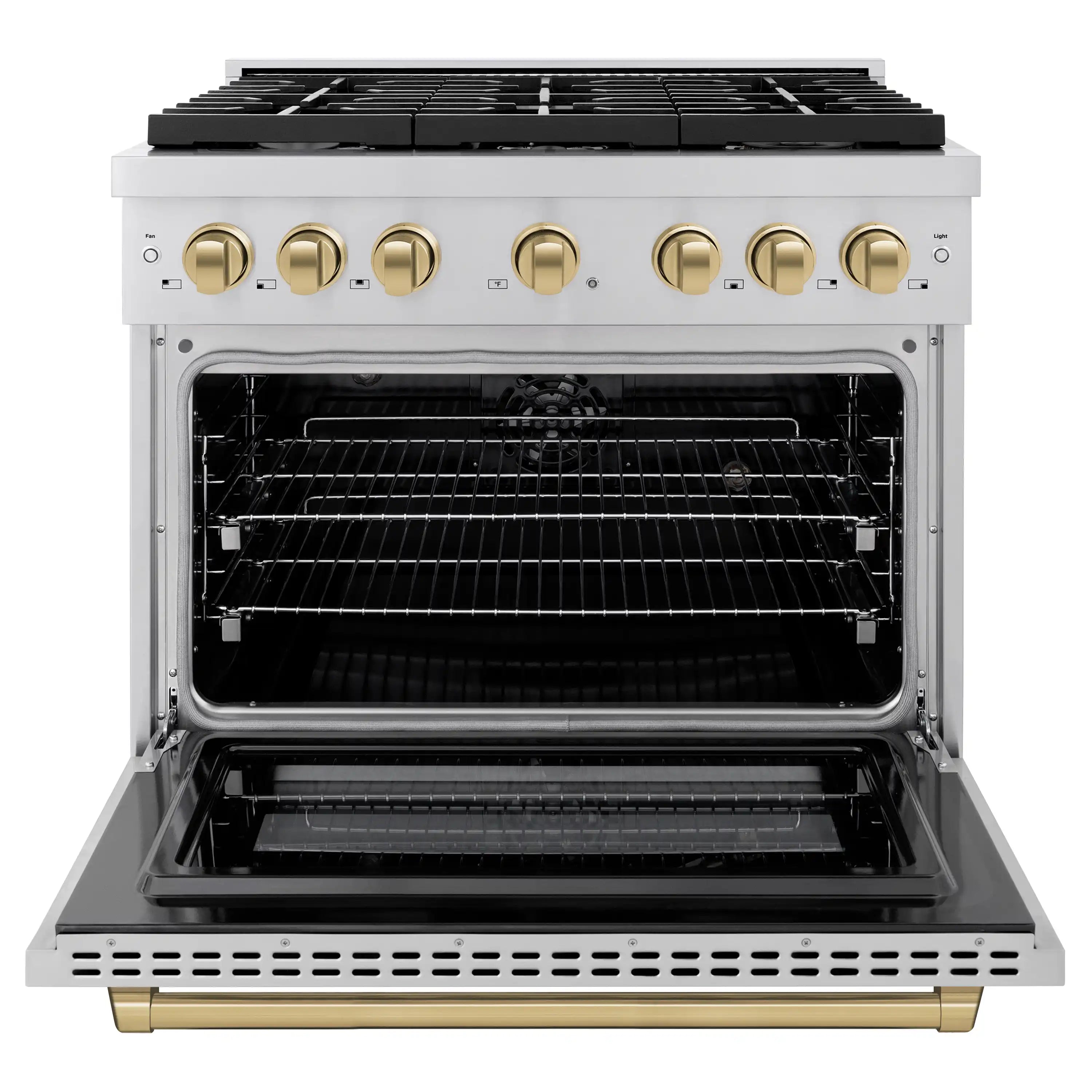 Stainless steel dual fuel range with open oven door and champagne bronze control knobs