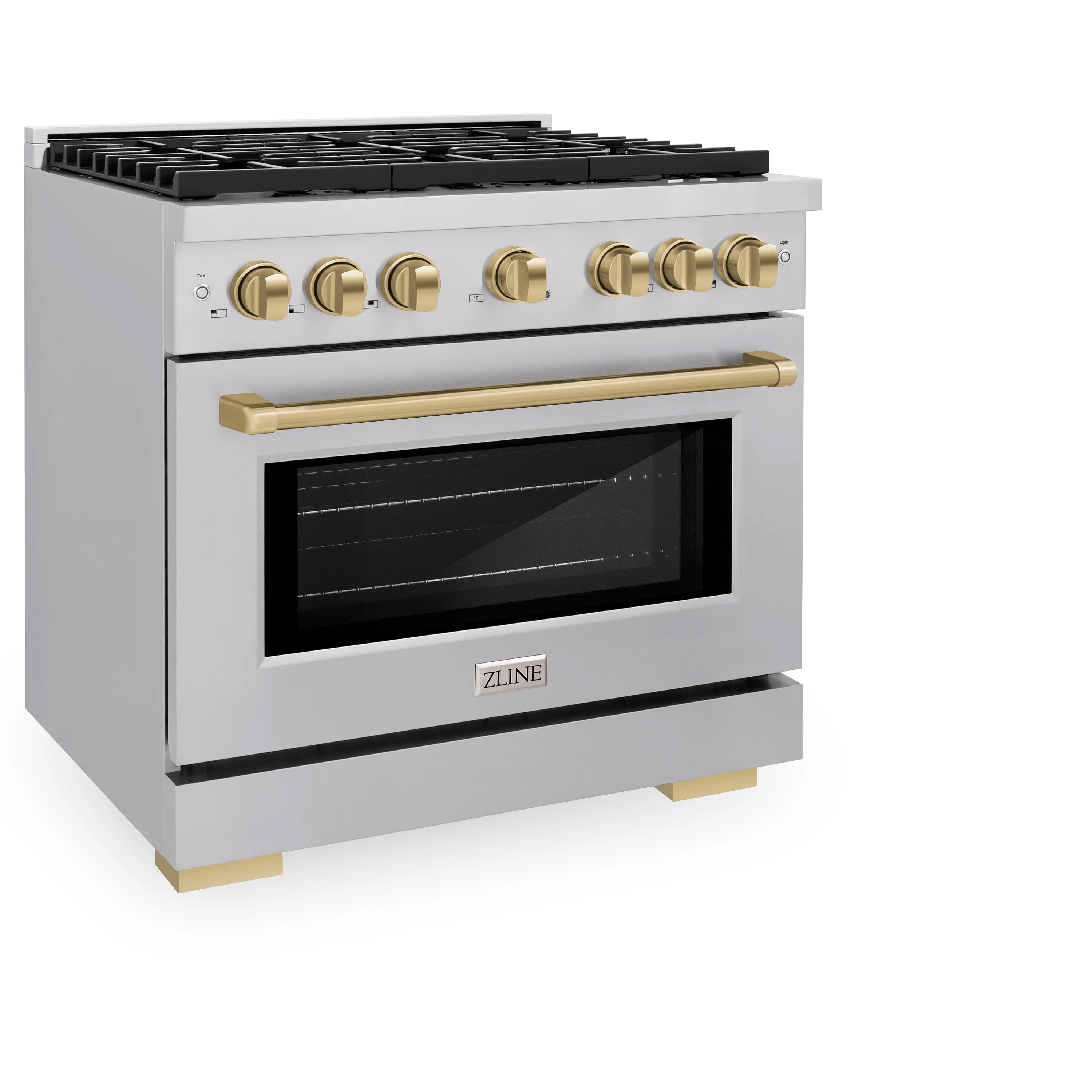 Stainless dual fuel range with black cooktop grates, champagne bronze handle, and oven door