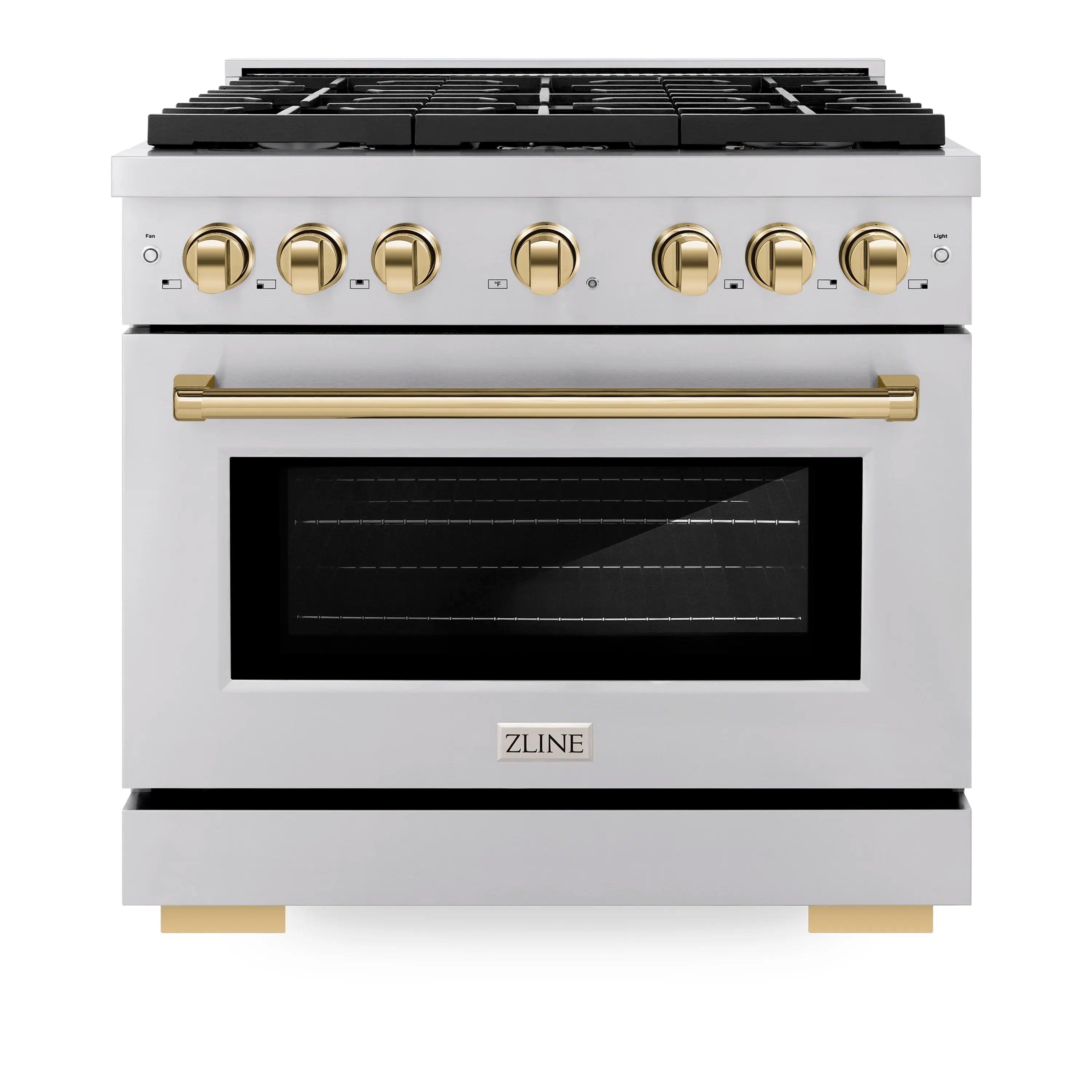 Stainless steel dual fuel range front with oven window and gold control knobs