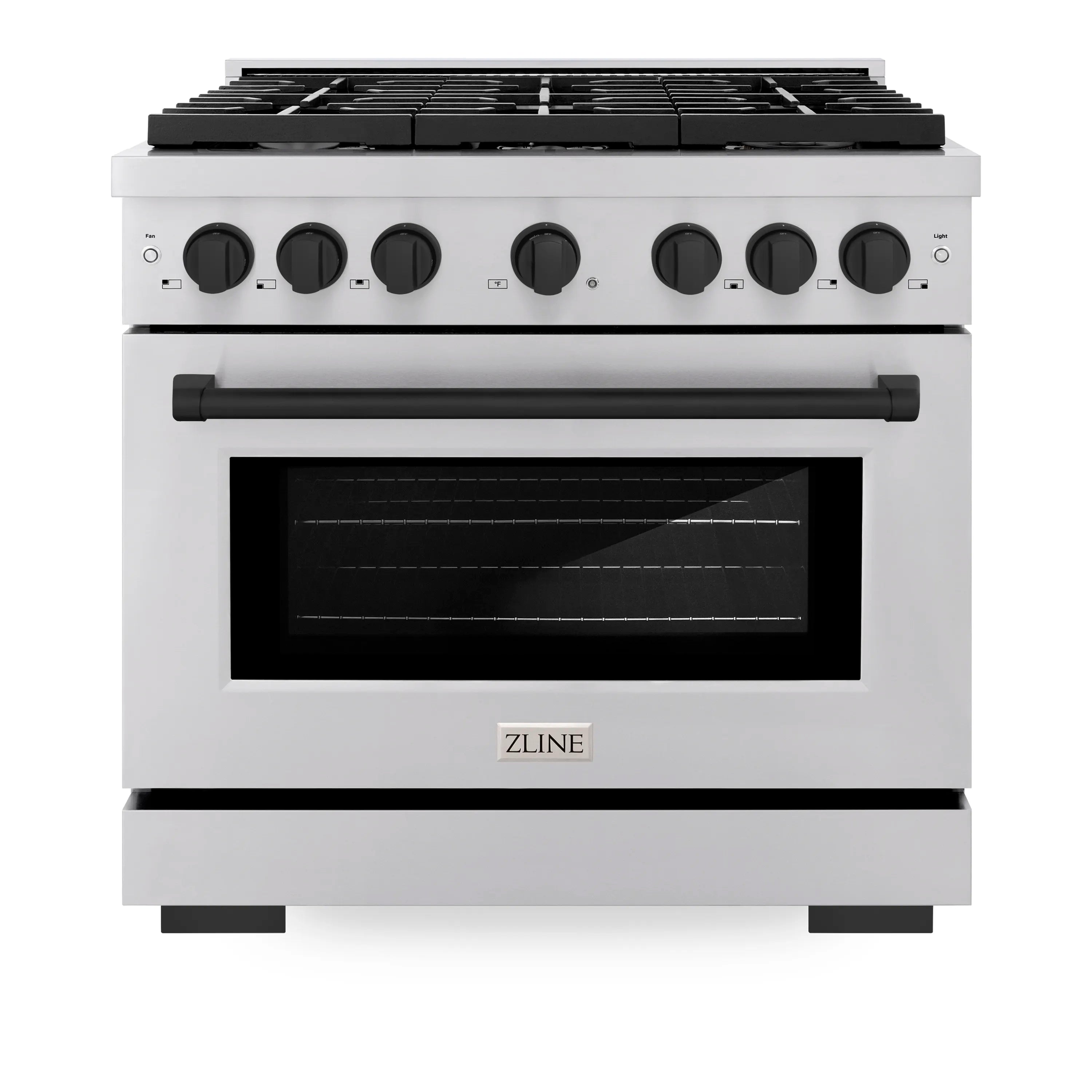 Stainless dual-fuel range front with black control knobs and convection oven door