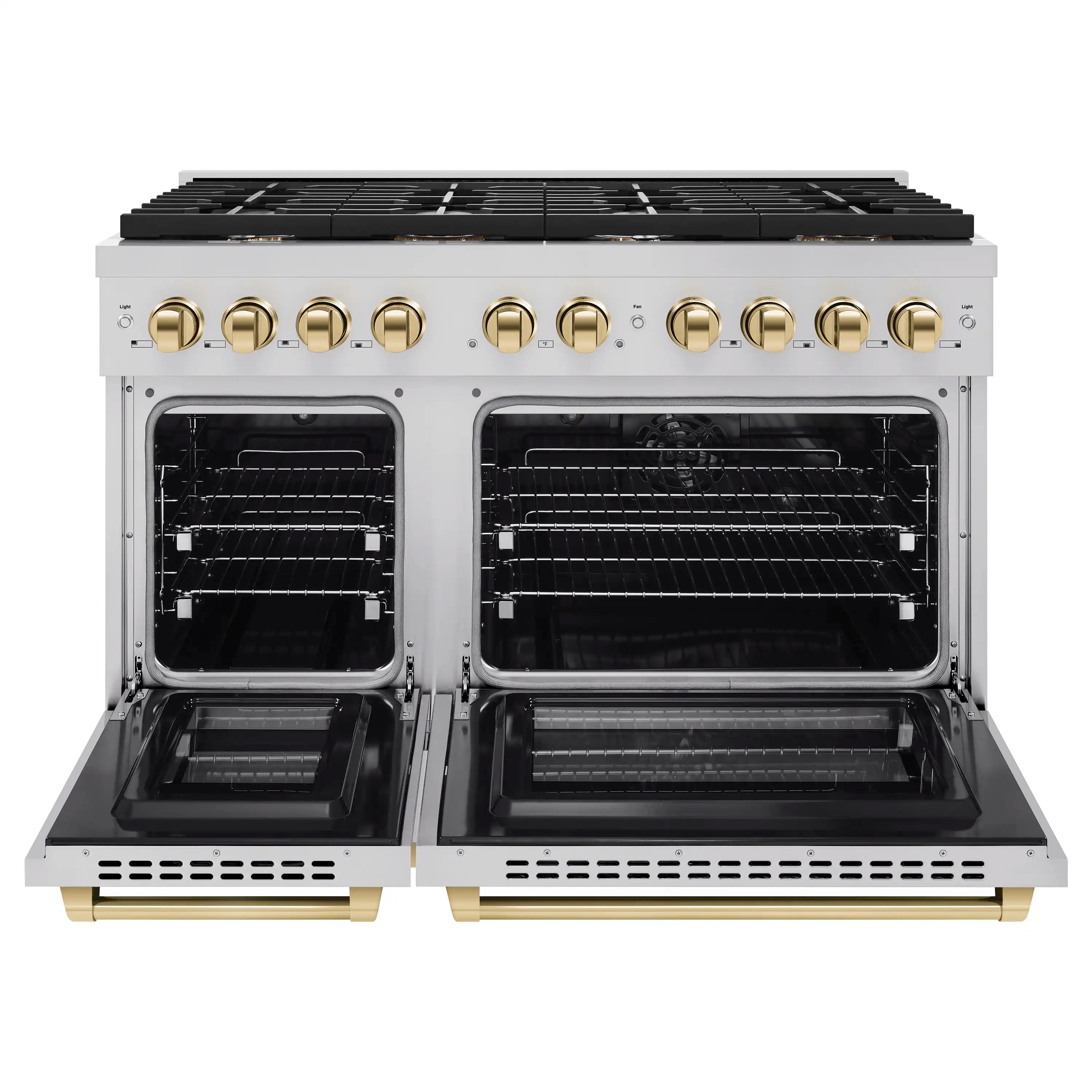 Stainless steel dual fuel range with both ovens open, black racks, and gold drawer pulls