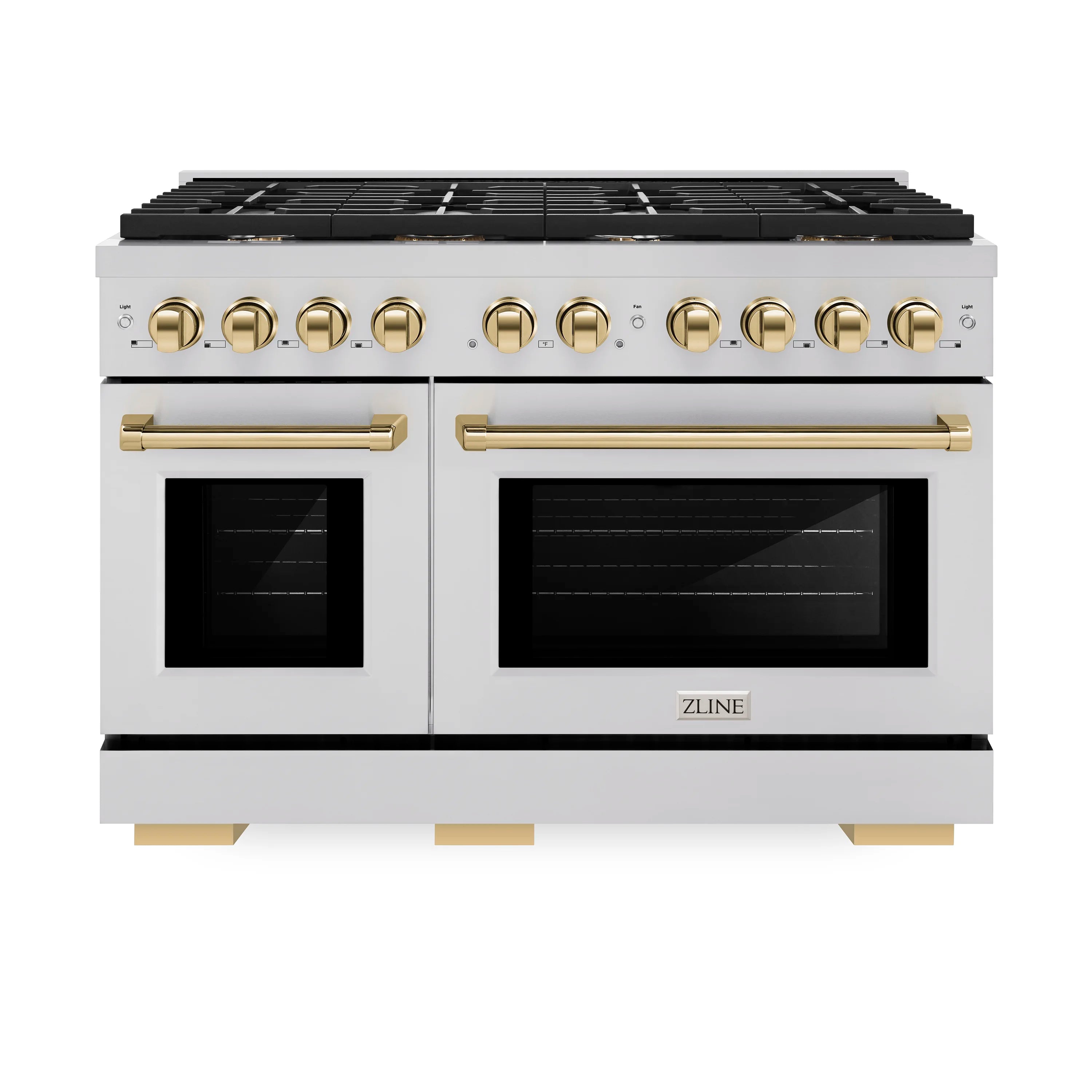 Stainless steel double oven range with two doors, black glass windows, and gold knobs