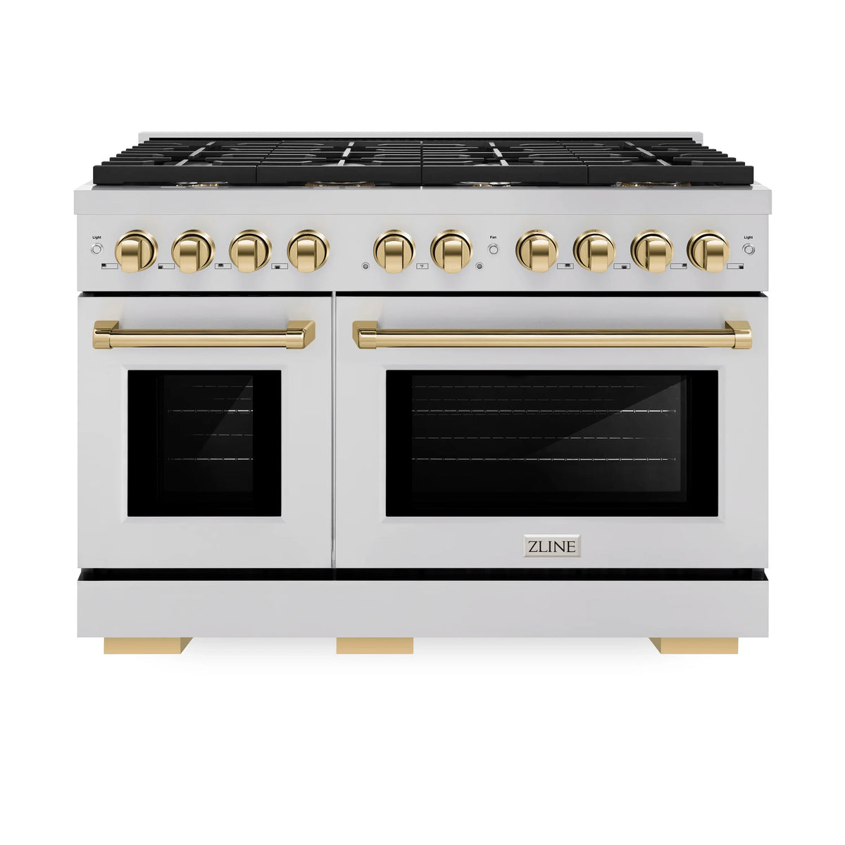 ZLINE 4-Piece Appliance Package - 48-Inch Paramount Dual Fuel Range, Refrigerator with Water Dispenser, Dishwasher, and 24-Inch Microwave Drawer in Stainless Steel with Gold Accents