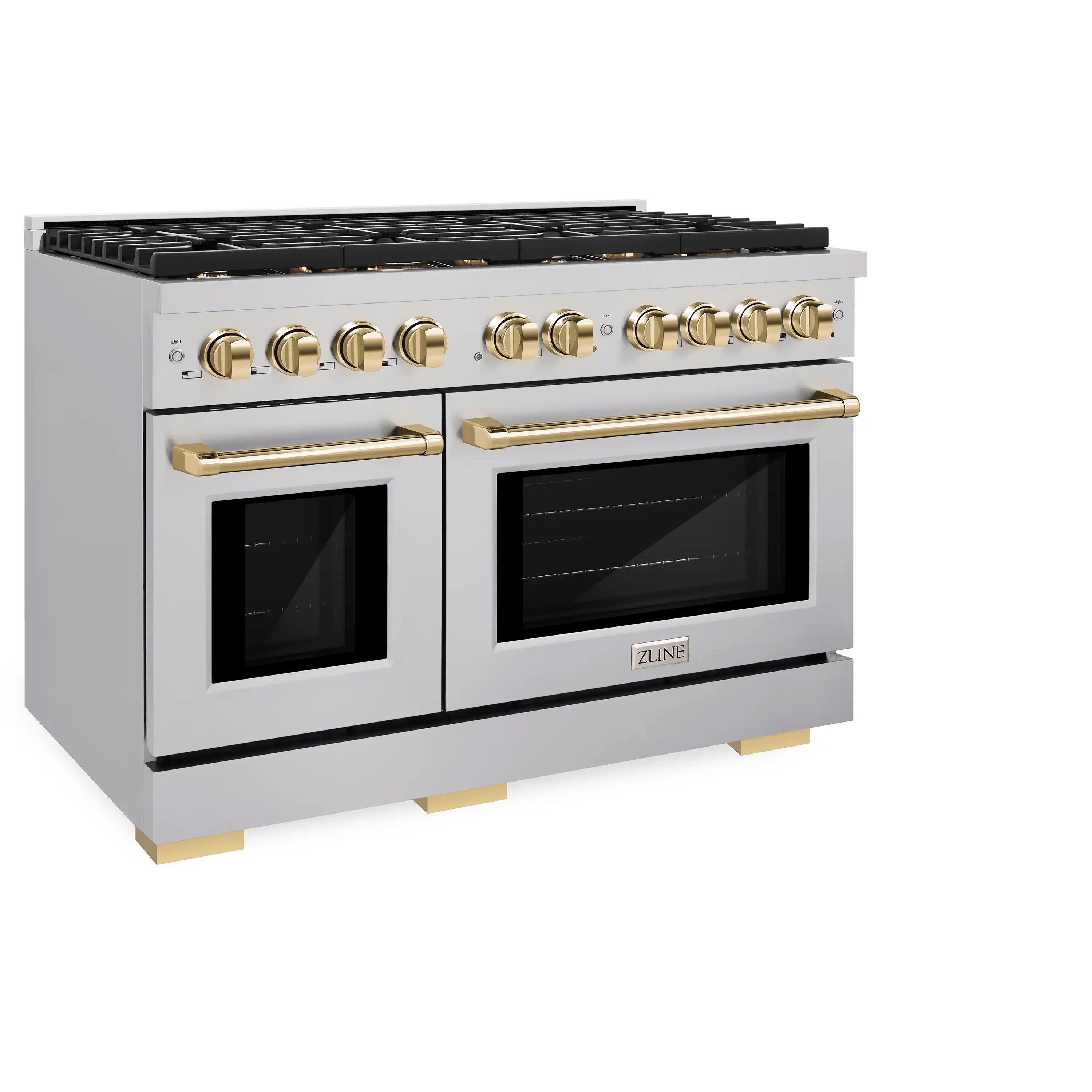 Stainless dual fuel range with gold knobs, cooktop grates, and two oven doors