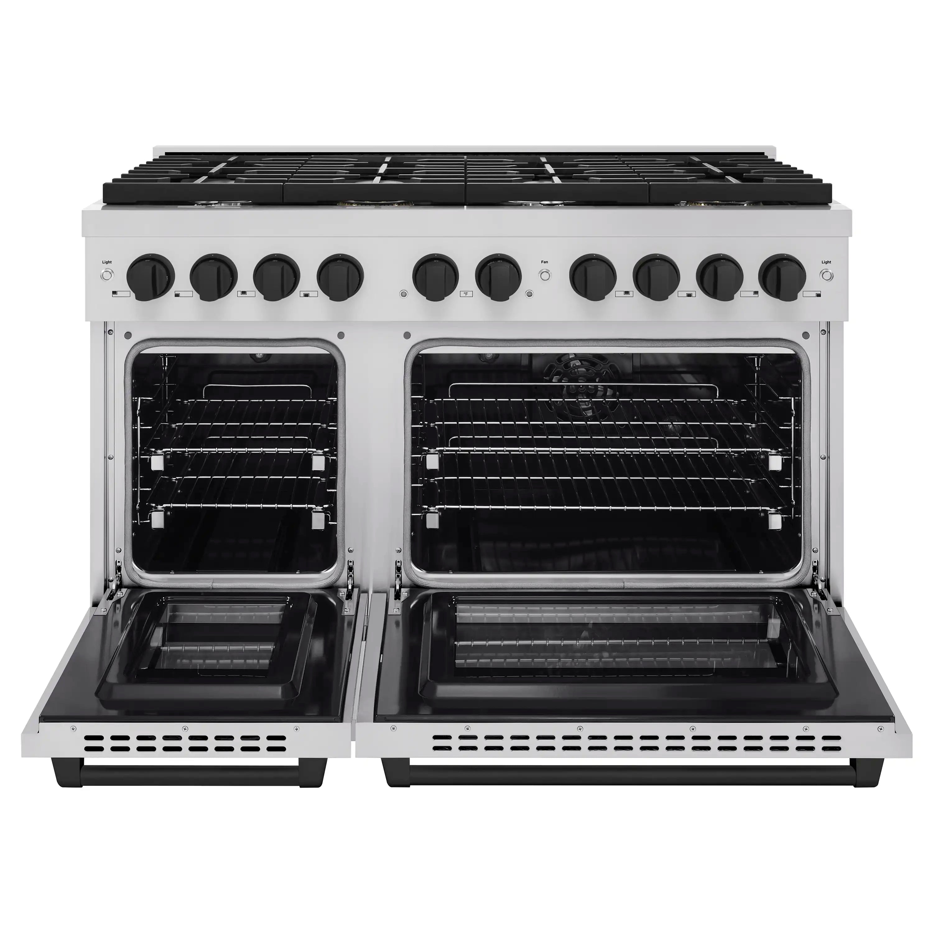 Stainless steel dual fuel range with both ovens open and racks inside