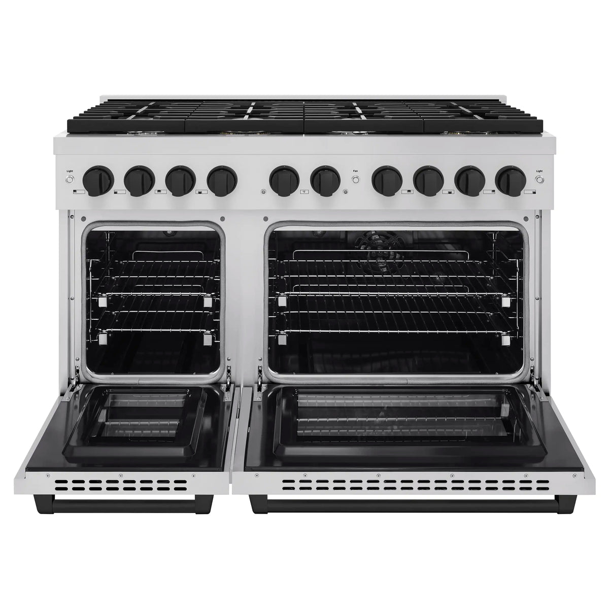 Dual-fuel range front with two open ovens, black racks, and black cooktop grates