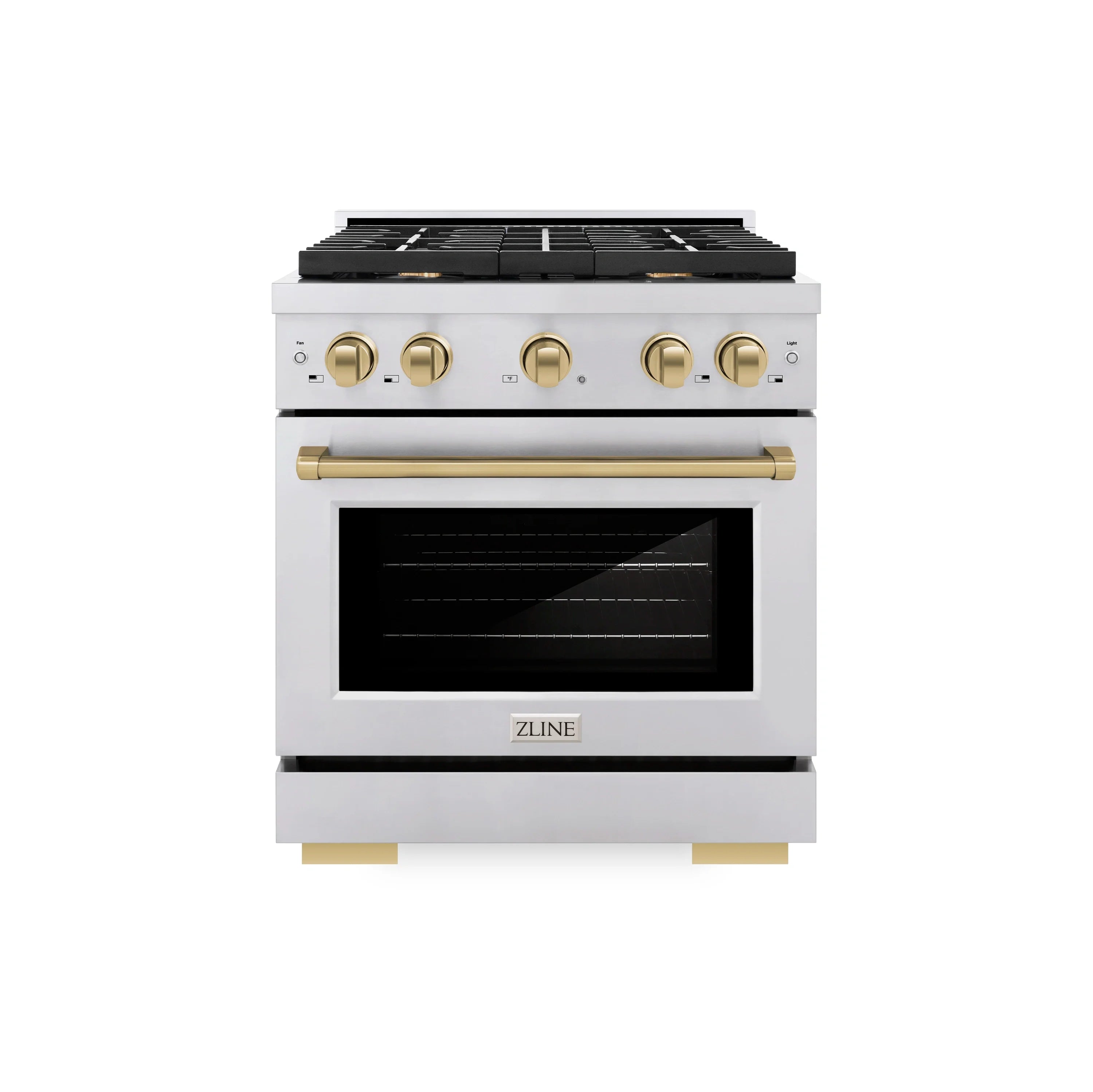 Stainless steel ZLINE gas range with champagne bronze knobs and oven door