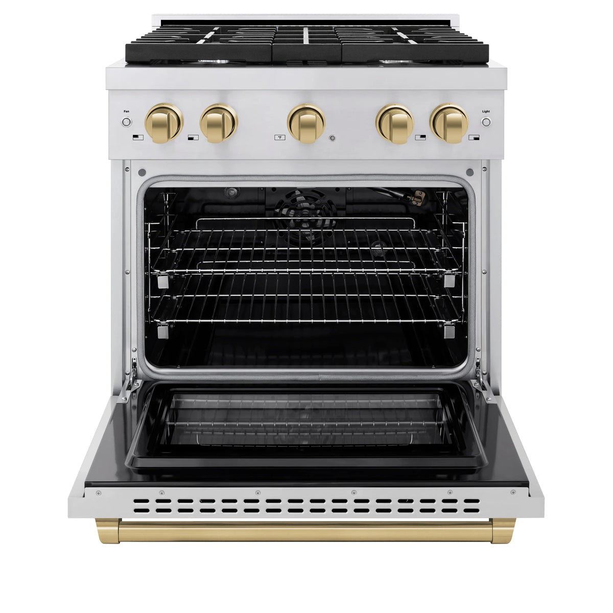 30-inch gas range with oven door open, black oven interior, and champagne bronze trim edge