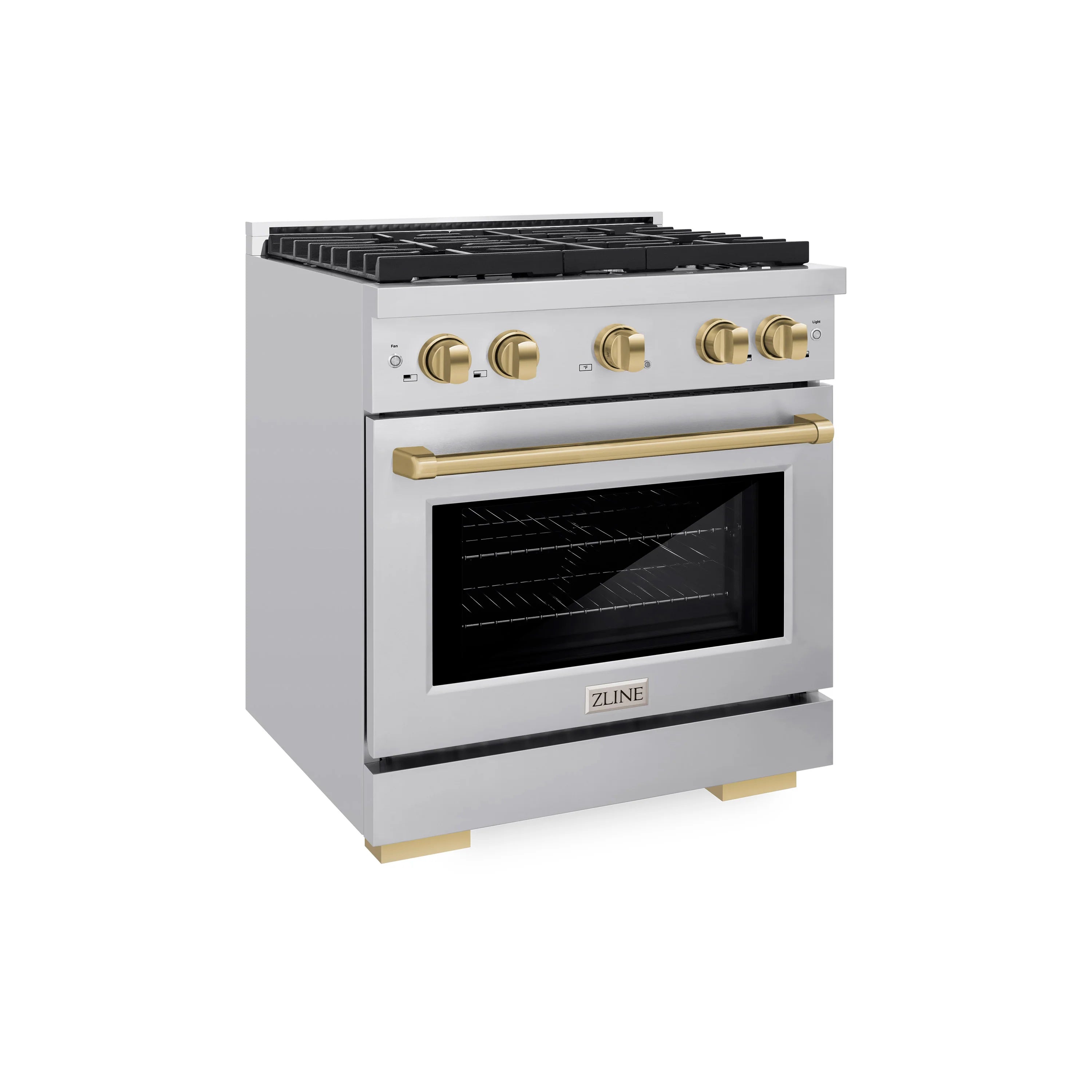 White gas range with oven window, bronze control knobs, and black cooktop grates