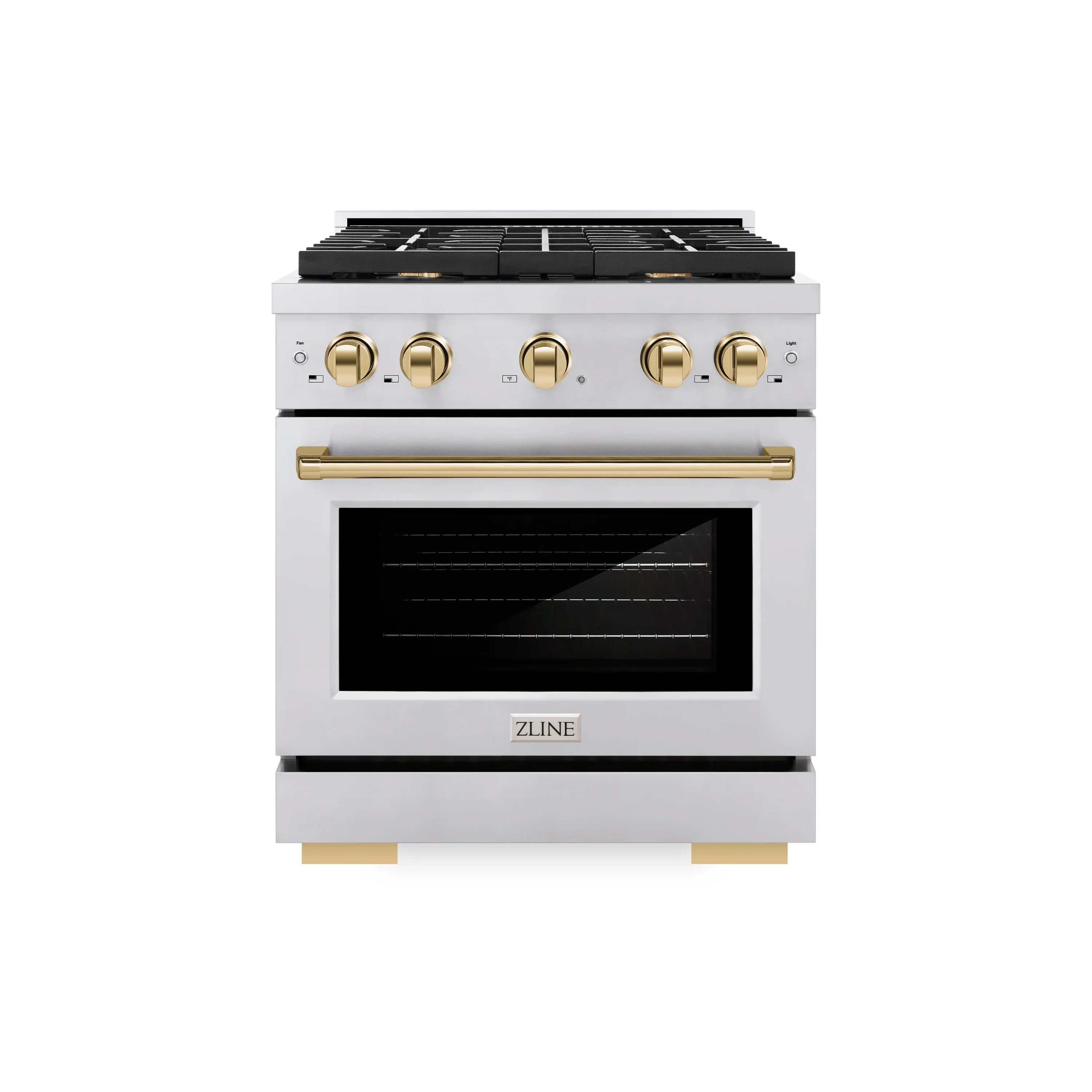 Stainless steel gas range with gold control knobs and oven door