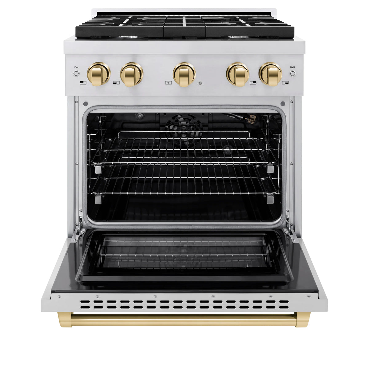 ZLINE stainless steel gas range with open oven door and wire rack inside