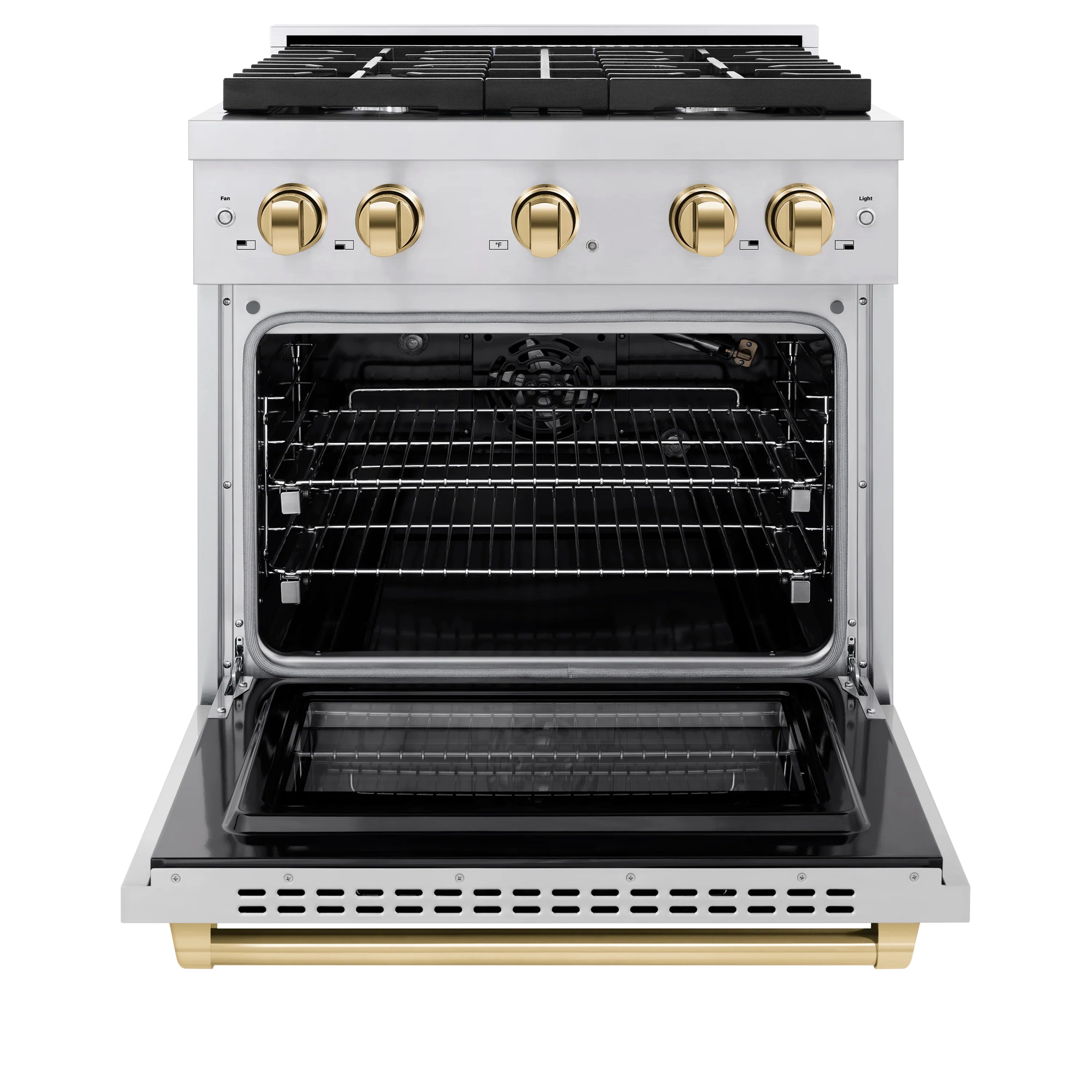 Gas range with open oven door, black interior racks, and gold front trim