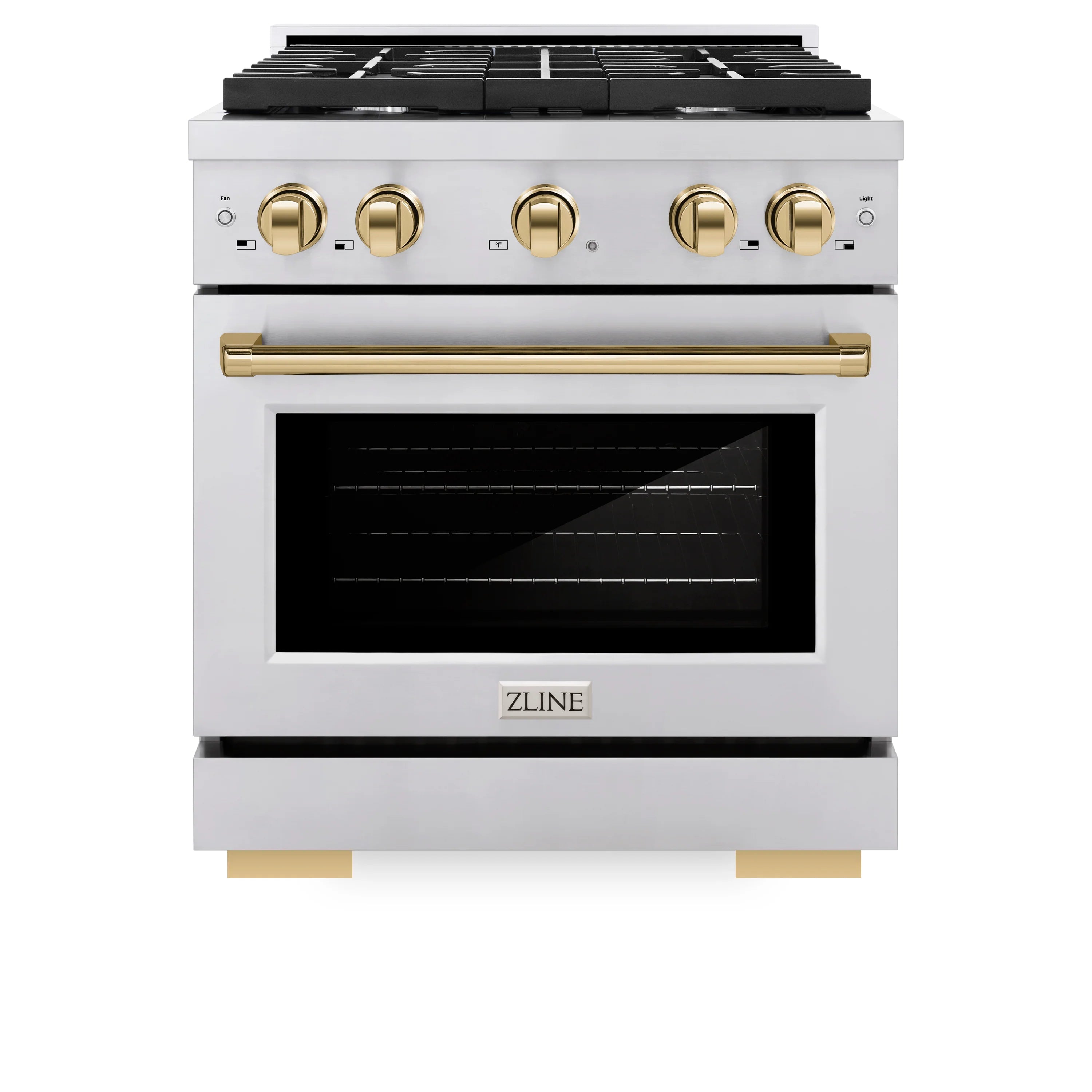 Stainless steel gas range with gold knobs and handle, oven door visible