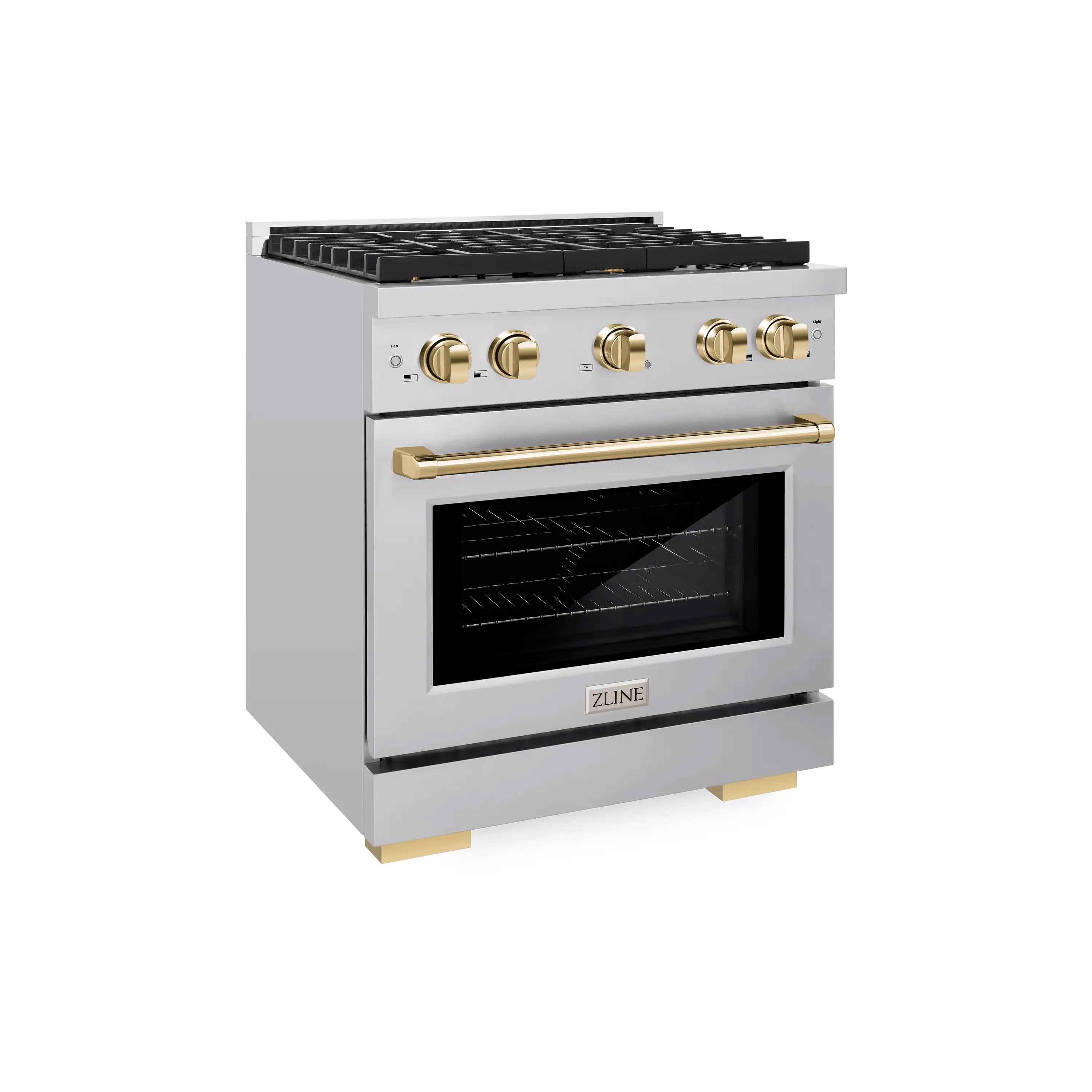Stainless gas range with oven window and gold pull handle, angled view