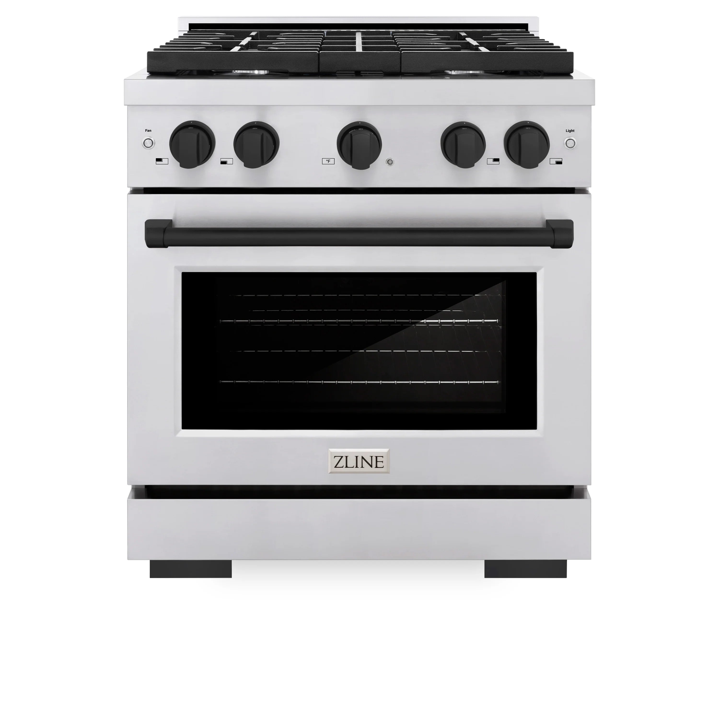 Freestanding gas range with matte black control knobs, burner grates, and oven window