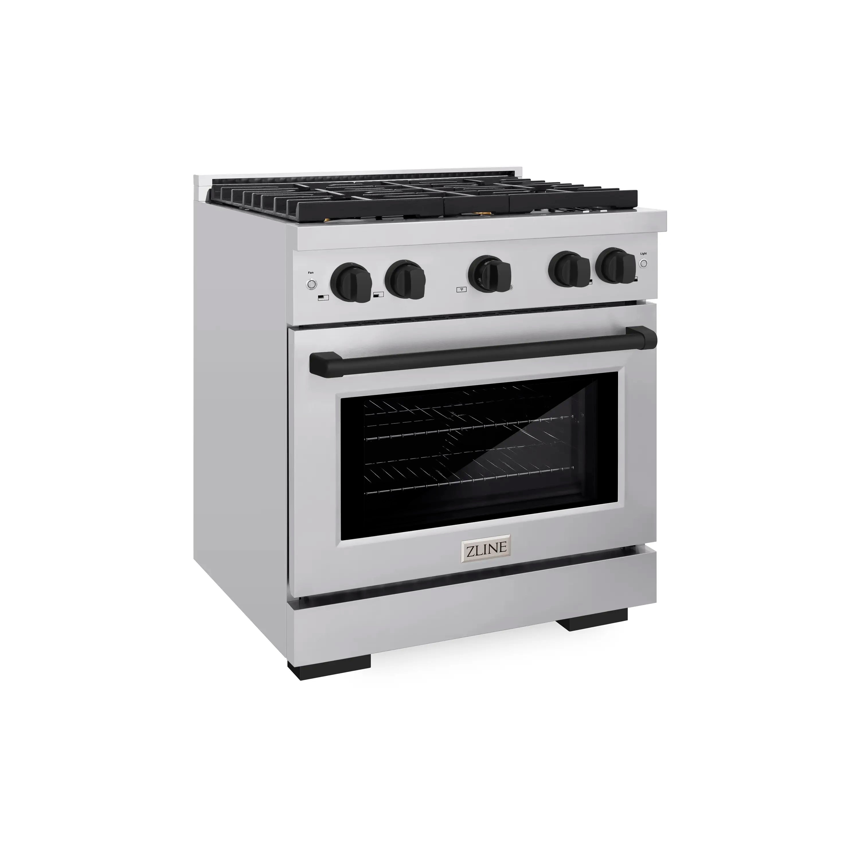 Stainless gas range with matte black oven window and four burner control knobs