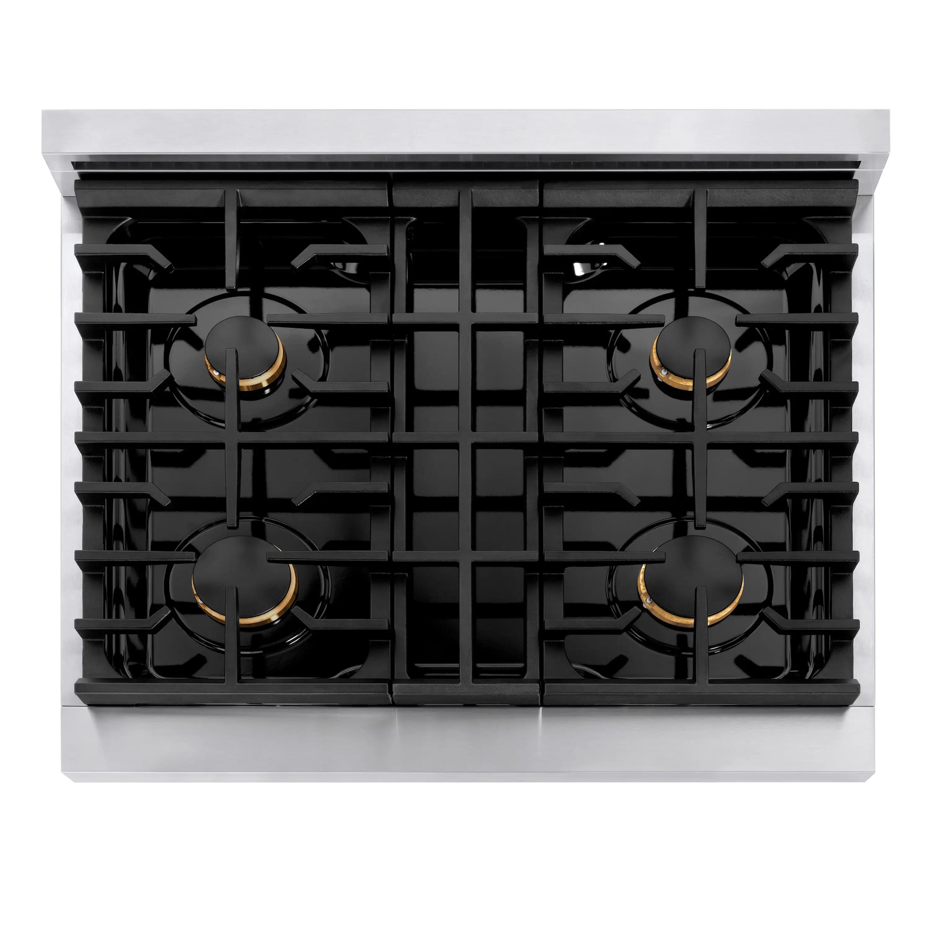 Overhead view of four burners with matte black grates on stainless cooktop