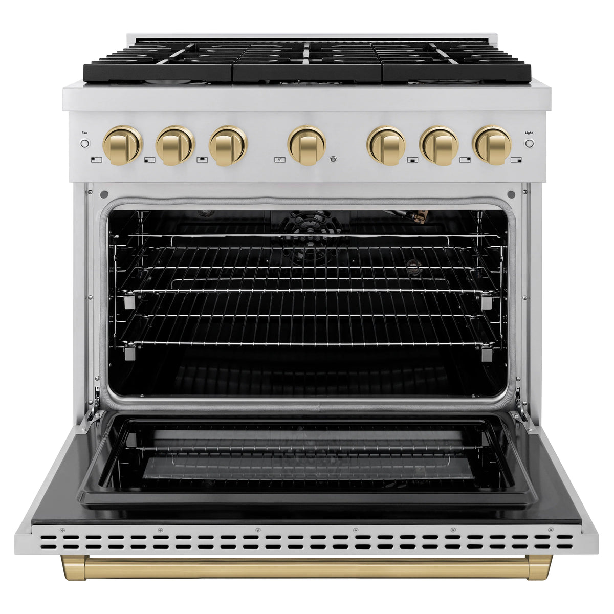Open oven cavity of a 36-inch stainless steel gas range with black interior racks