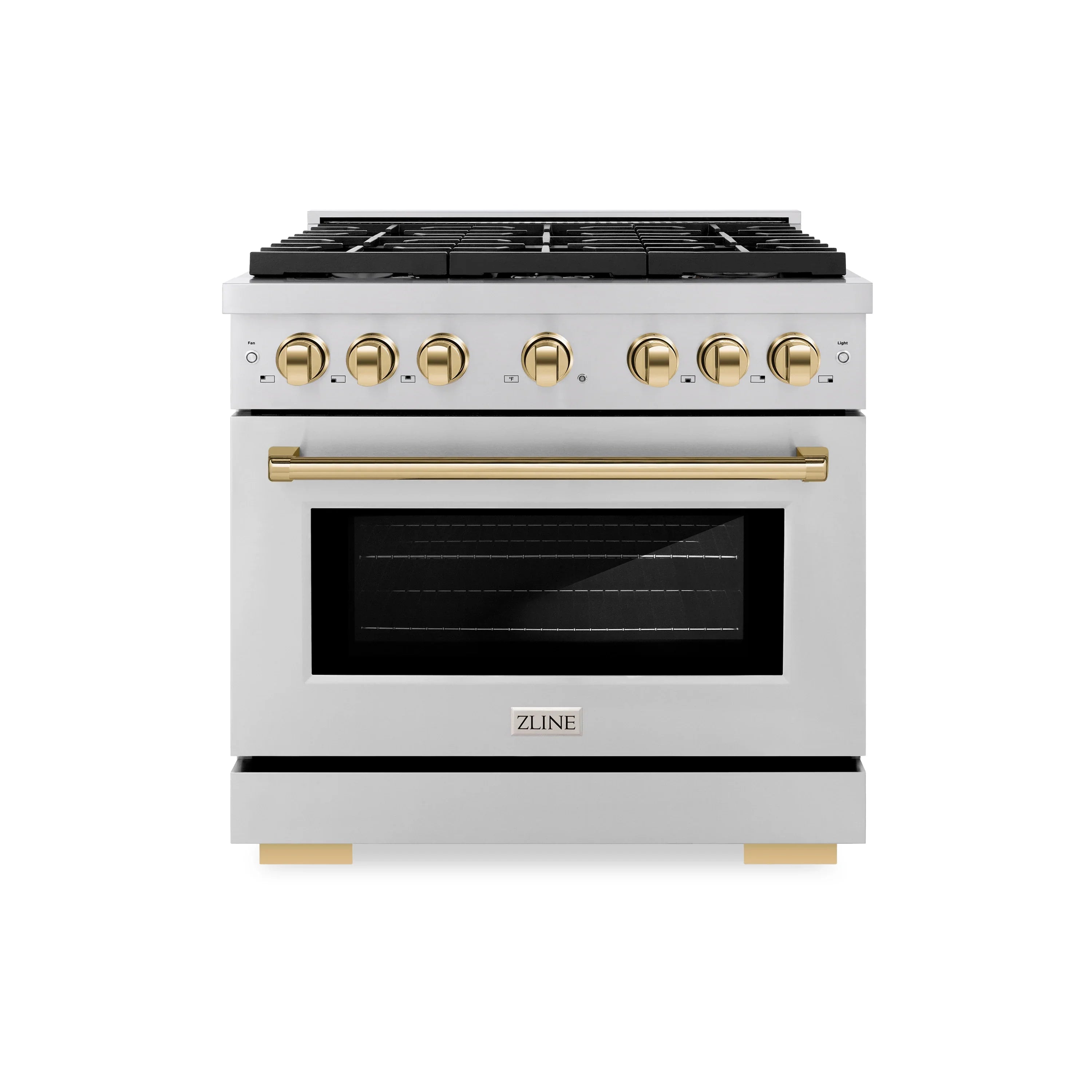 Stainless steel gas range with gold control knobs and black oven door window