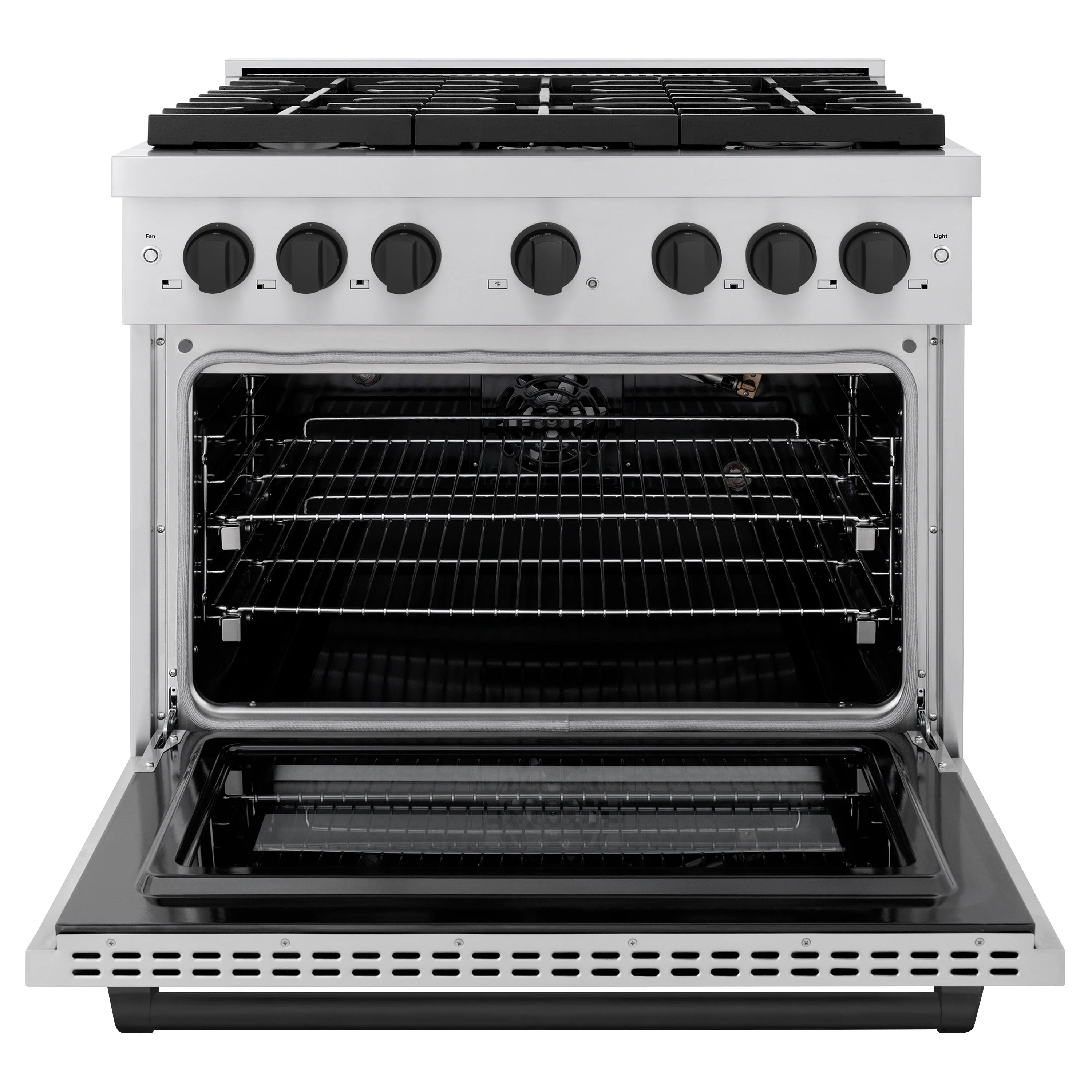 Open oven of a white gas range with racks and black interior lighting