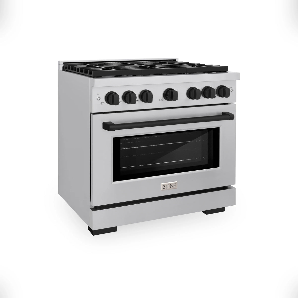 Stainless gas range with black cooktop grates, control knobs, and oven window