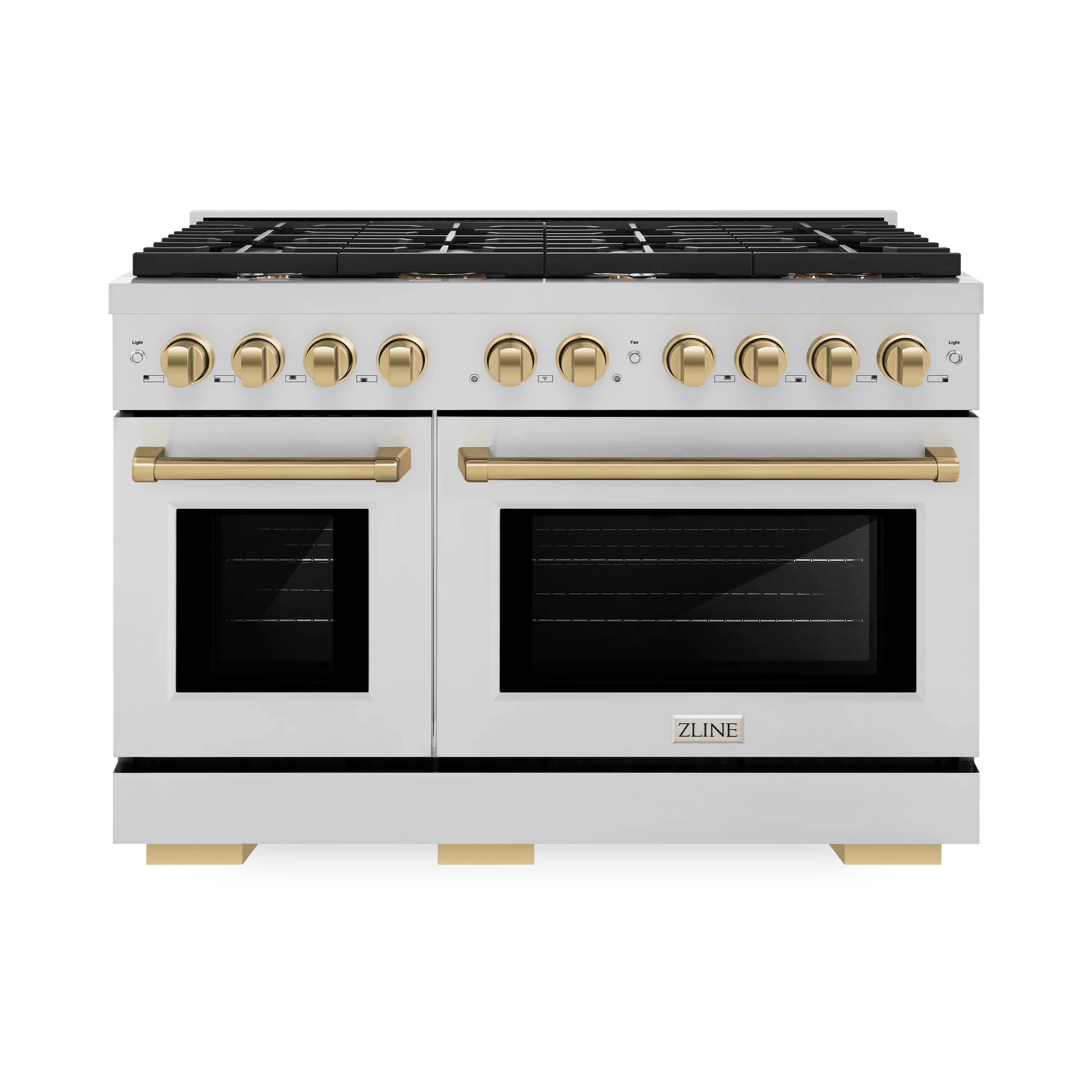 Stainless steel gas range with two ovens and champagne bronze control knobs