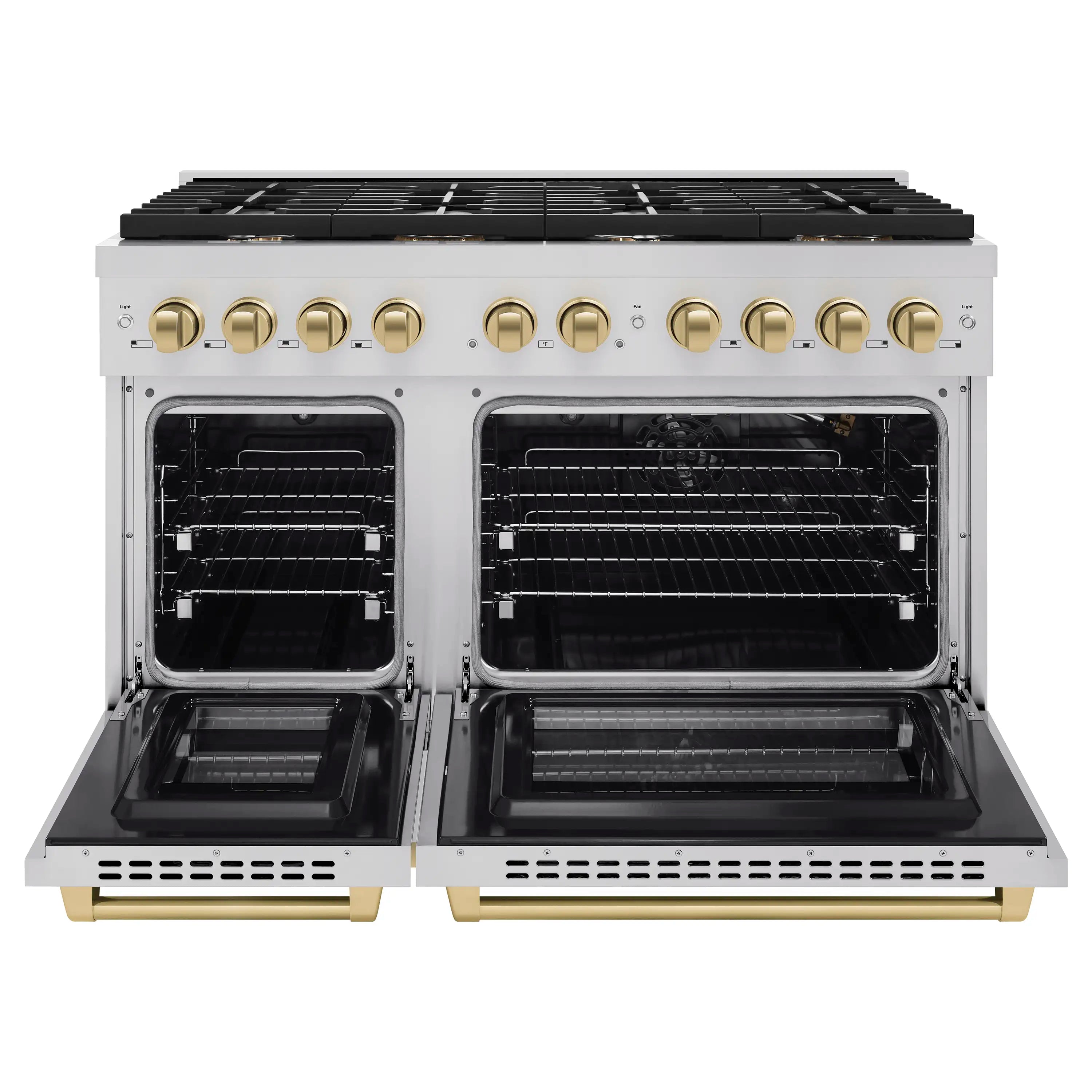 Stainless steel dual gas ovens open with racks and bronze front trim on a gas range