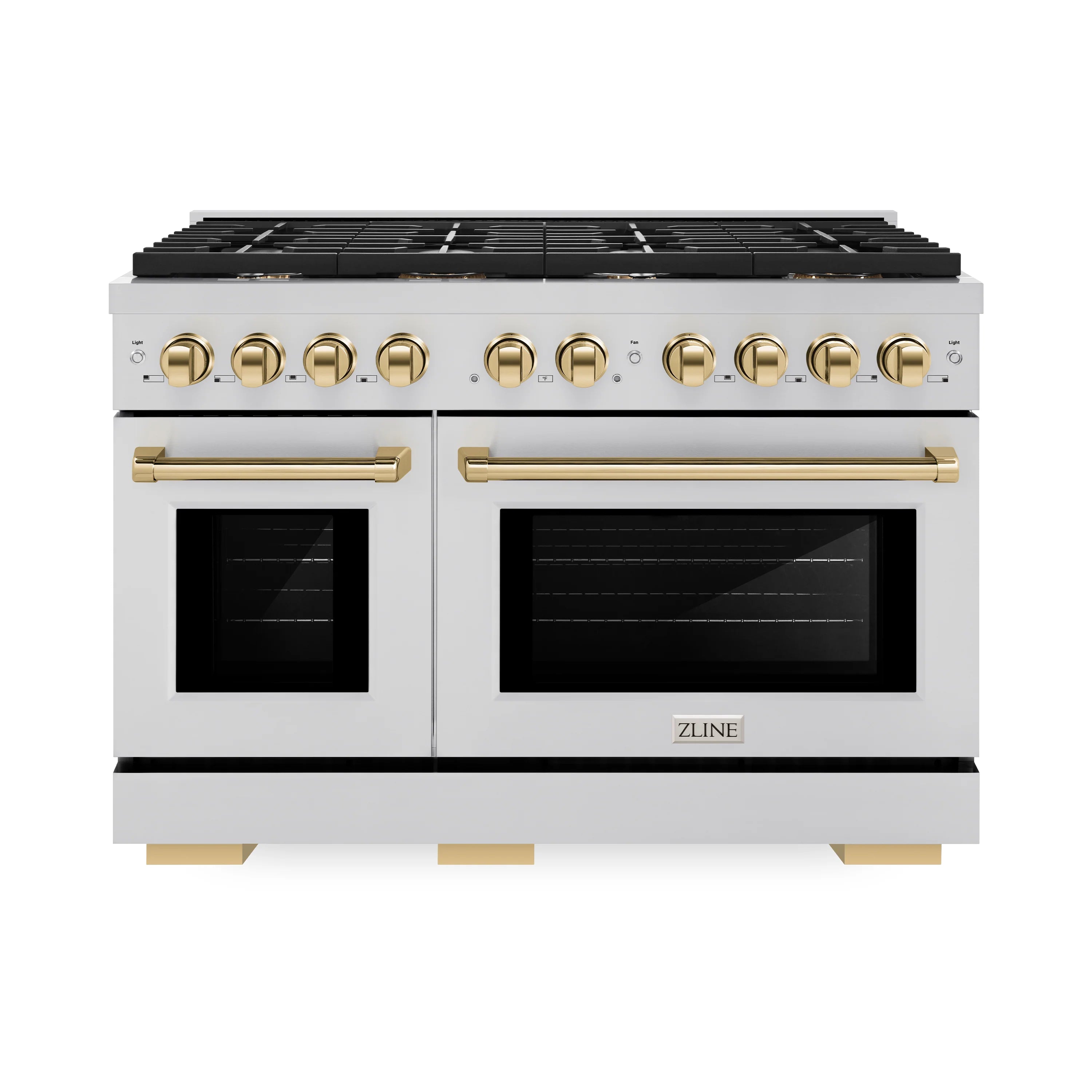 Stainless steel gas range with two ovens and gold control knobs