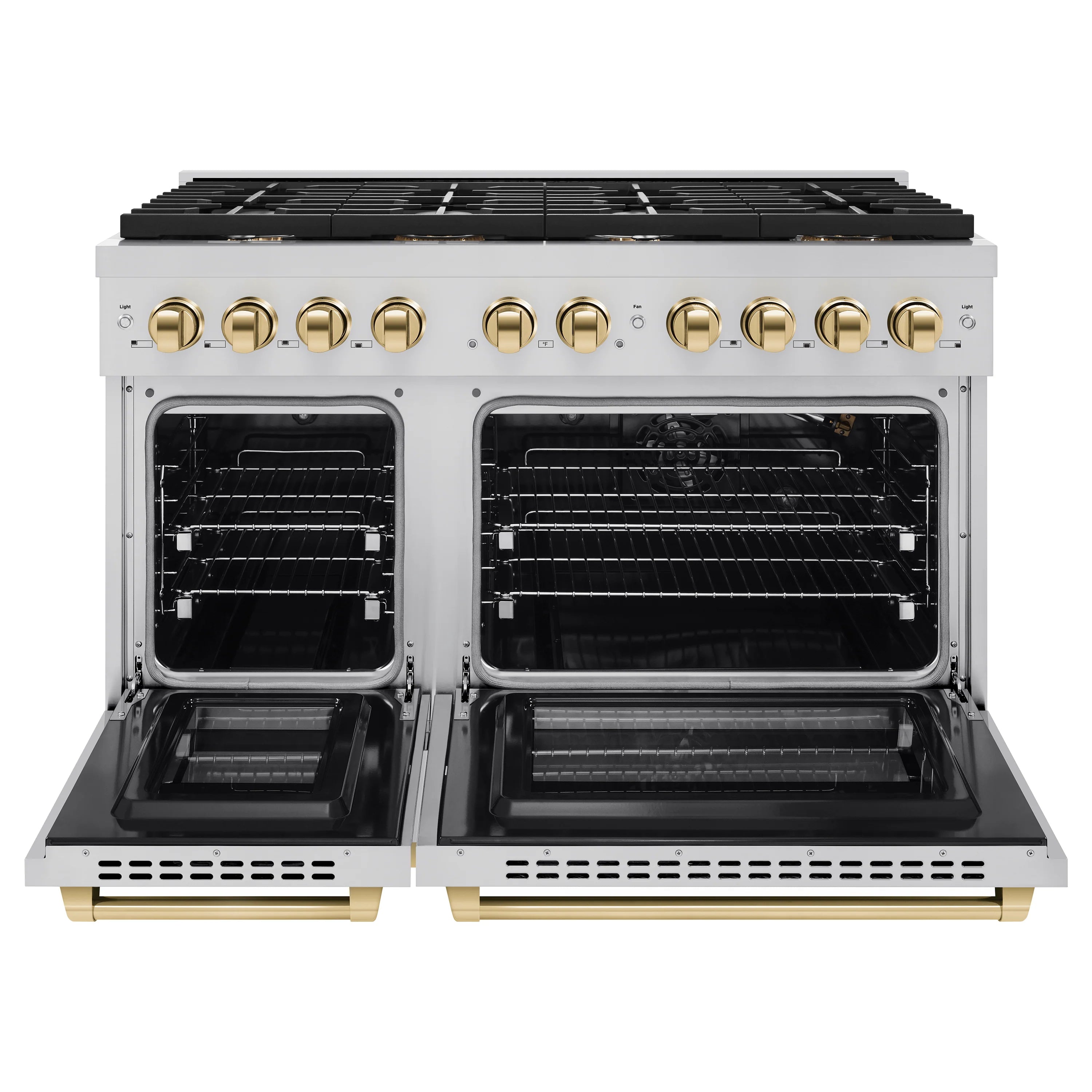 Stainless steel gas range with two ovens, black cooktop grates, and gold control trim