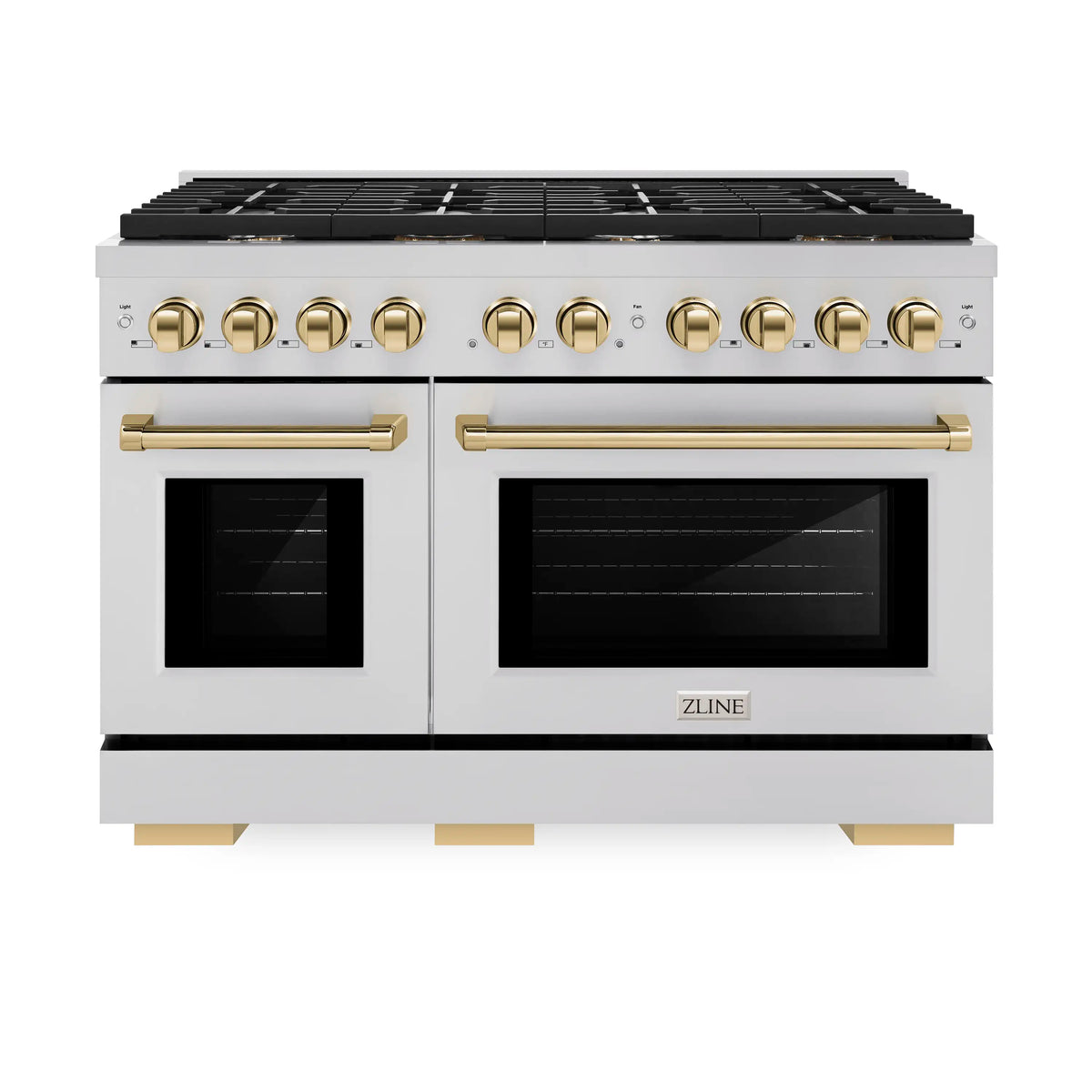 ZLINE 4-Piece Appliance Package - 48-Inch Paramount Gas Range, Refrigerator, Dishwasher, and 24-Inch Microwave Drawer in Stainless Steel with Gold Accents