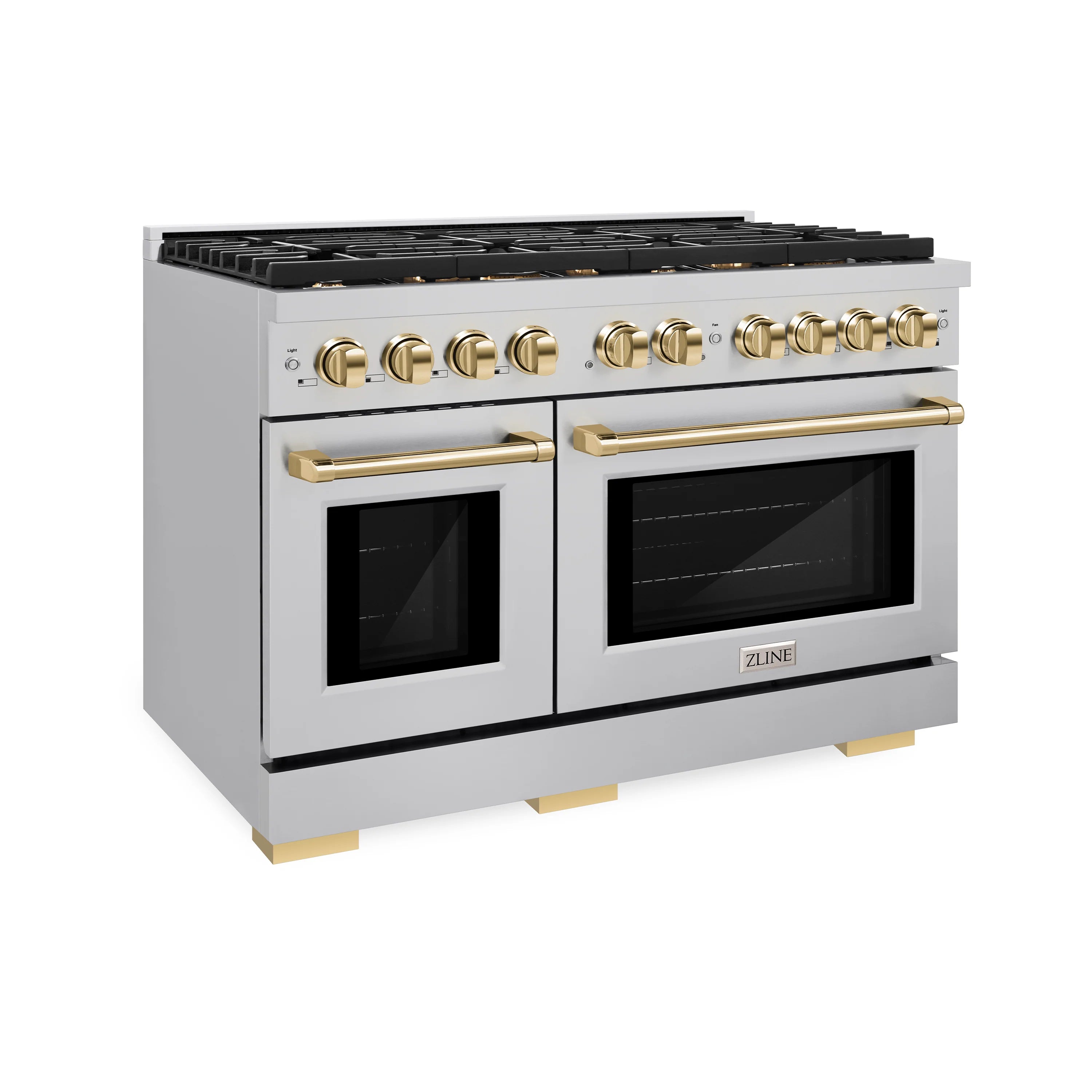 Stainless gas range with two oven doors, gold handles, and black control knobs