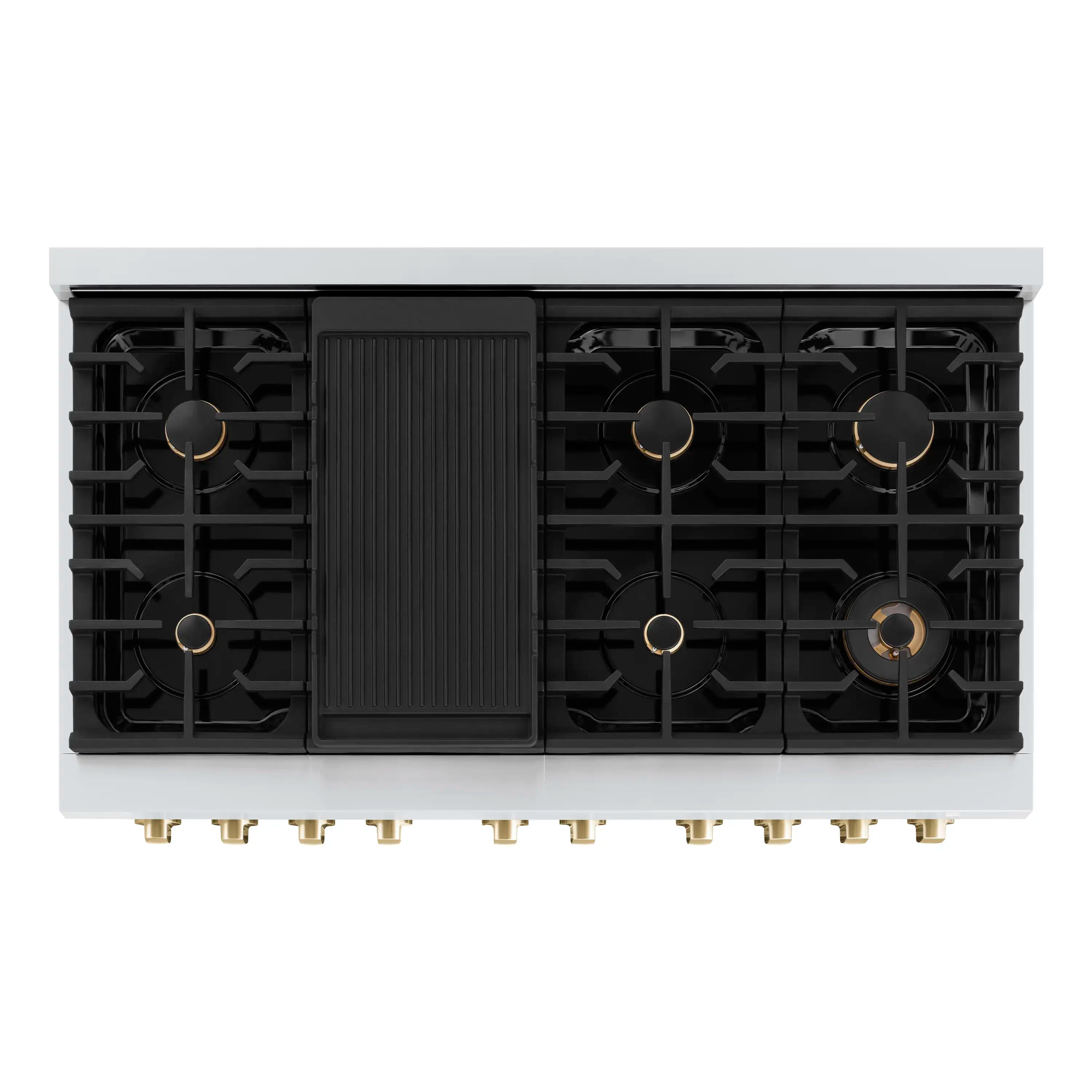 Front view of stainless steel gas range cooktop with black burner grates and control panel