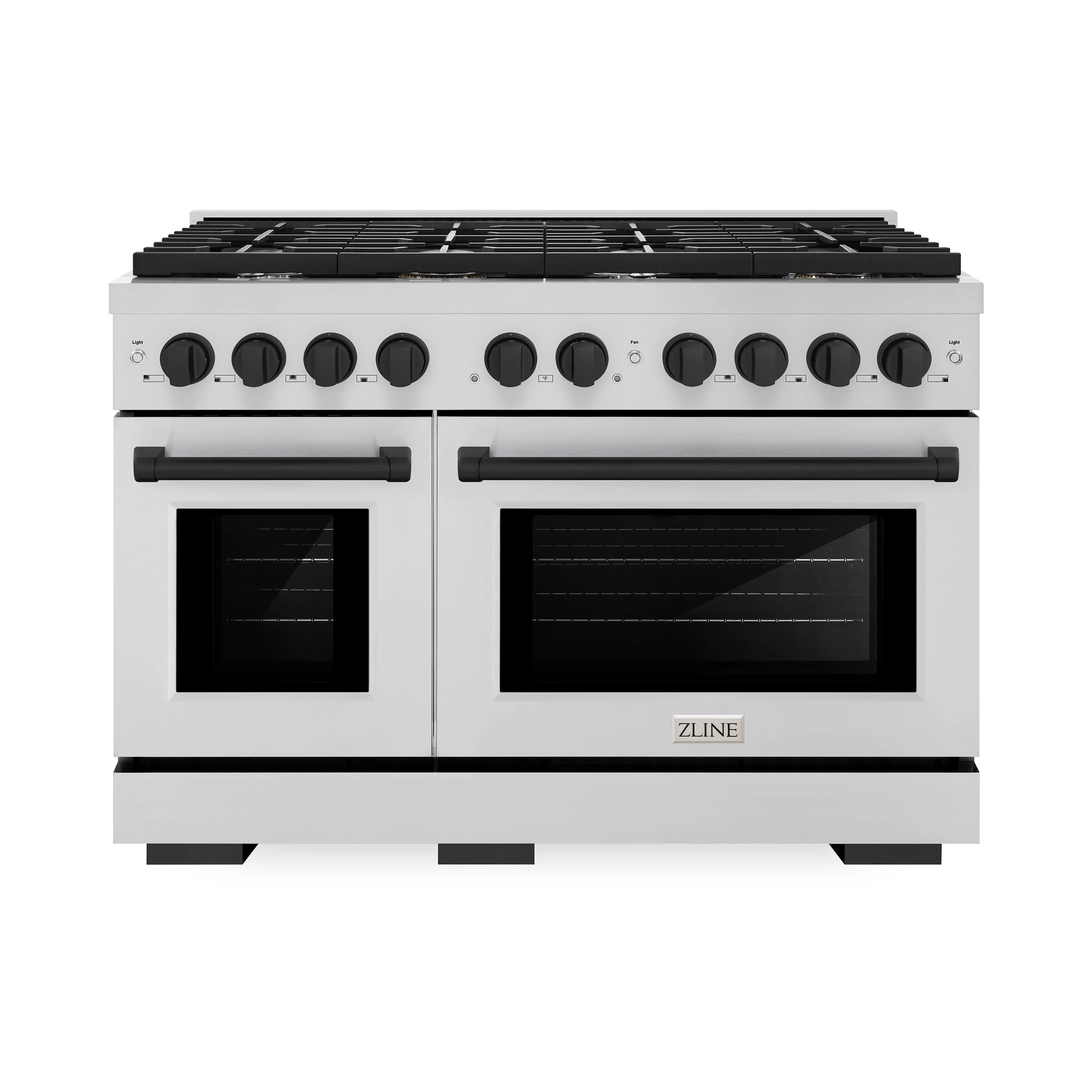 Front view of a stainless 48-inch gas range with black grates and dual oven doors.