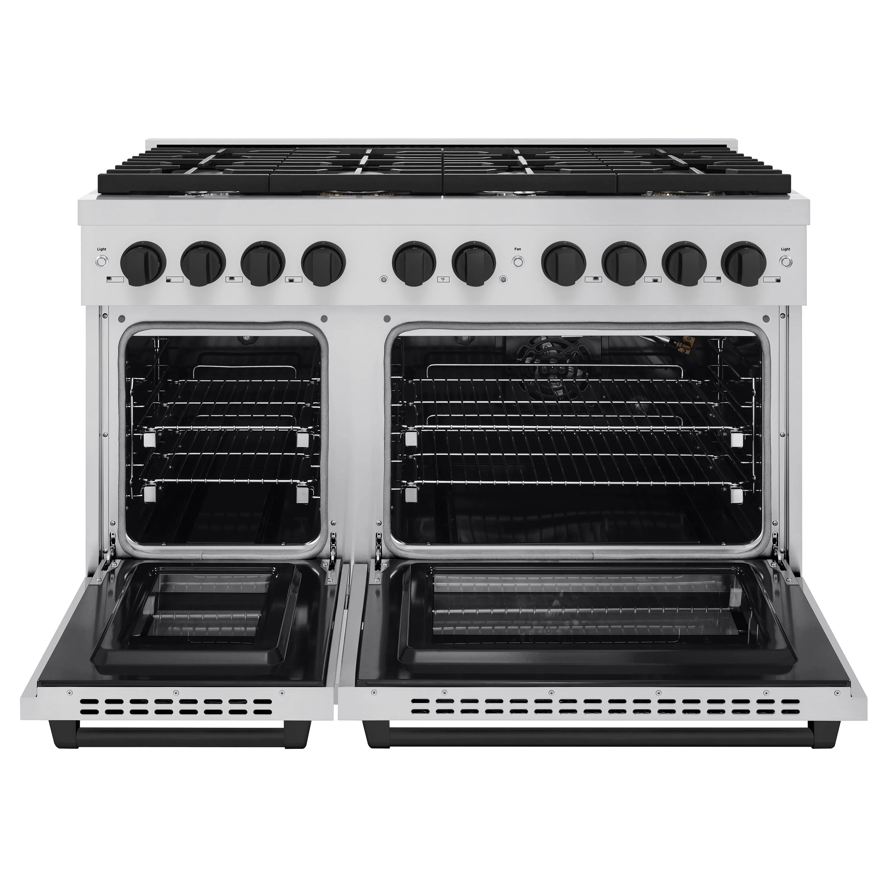 48-inch gas range with two oven doors open and black grates on top