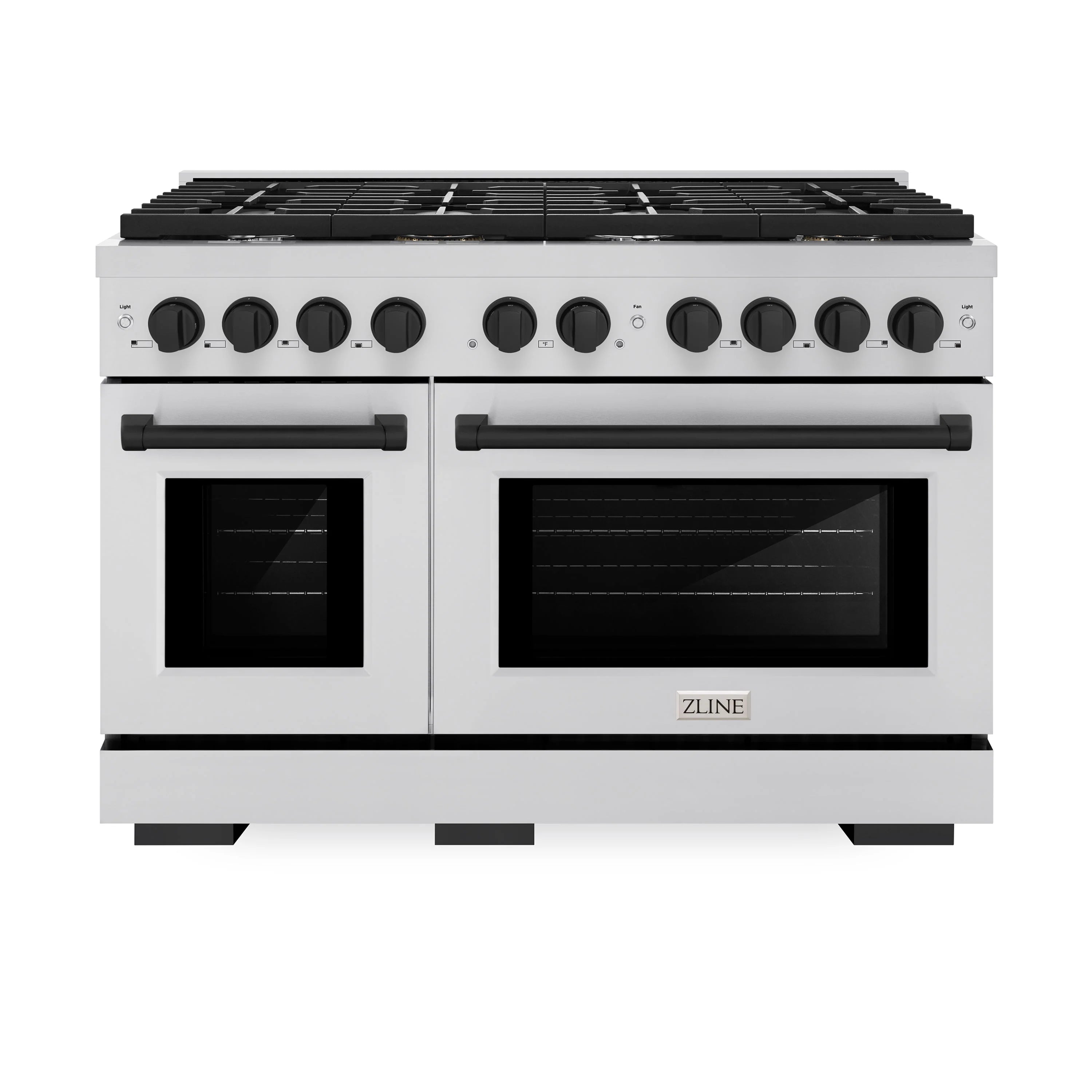 Stainless steel dual-oven gas range with matte black cooktop knobs