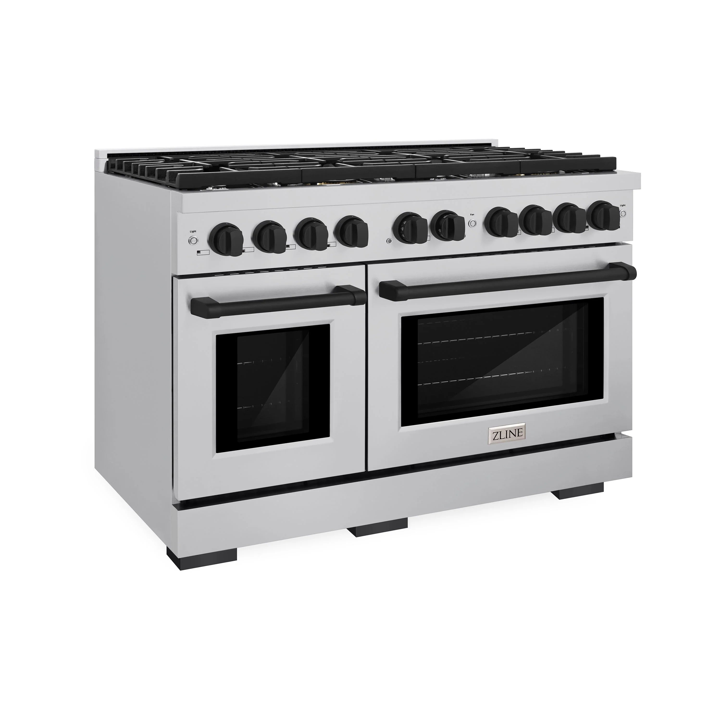 Stainless gas range with black burner grates, control panel, and dual oven doors