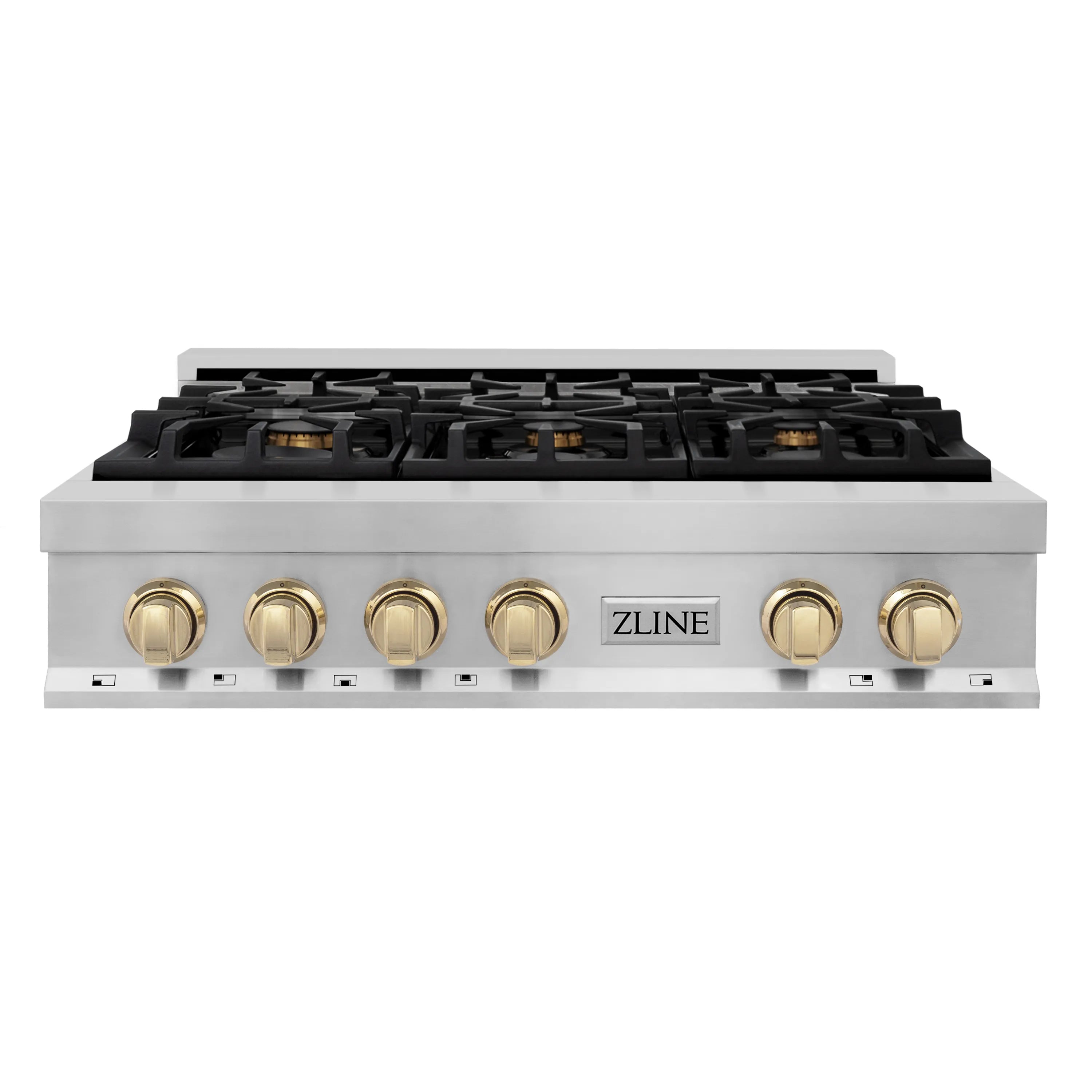 Stainless steel gas rangetop with six gold control knobs and black burner grate surface.