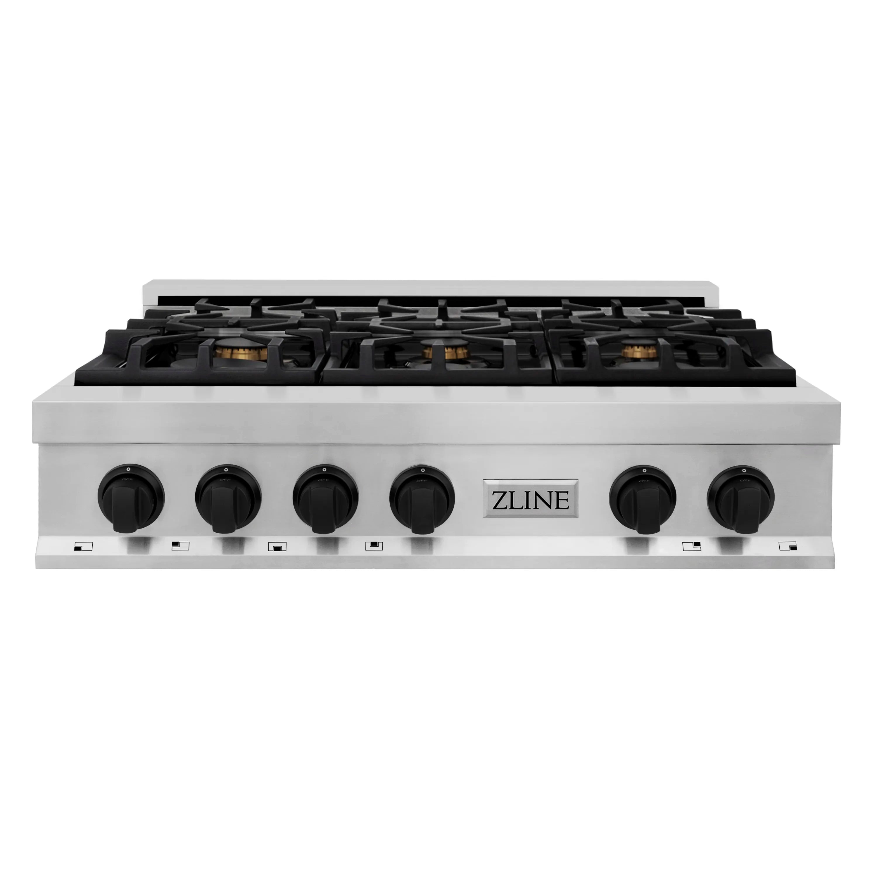 Stainless steel 6-burner gas rangetop front view with black control knobs