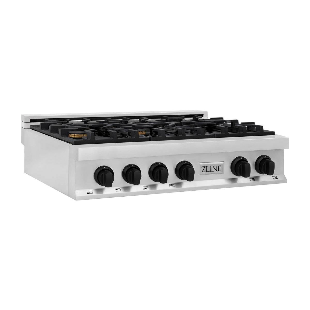 Stainless steel 6-burner gas rangetop side view with black grates