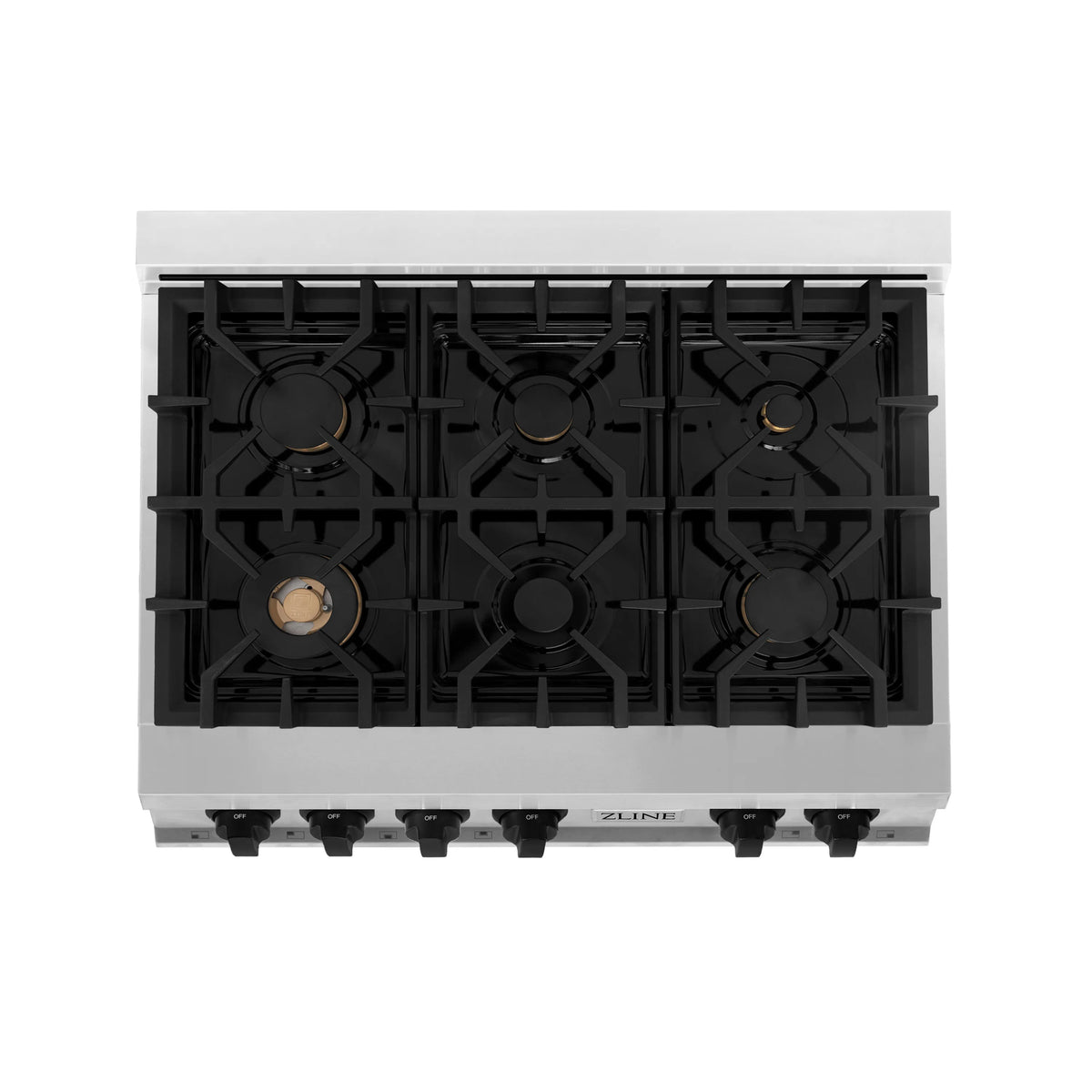 Open-frame 6-burner gas rangetop with black burner heads