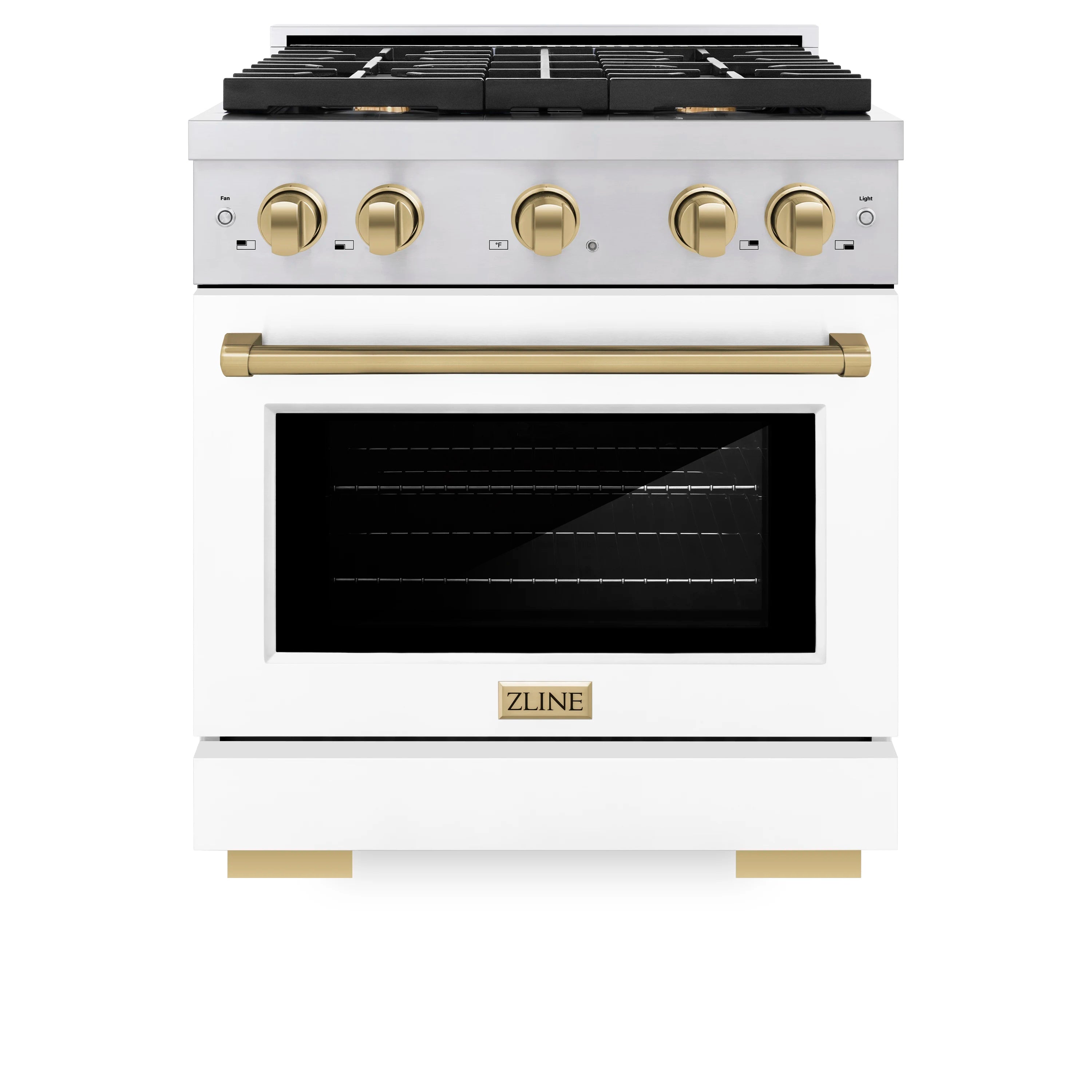 White dual fuel range front with black oven window and champagne bronze control knobs