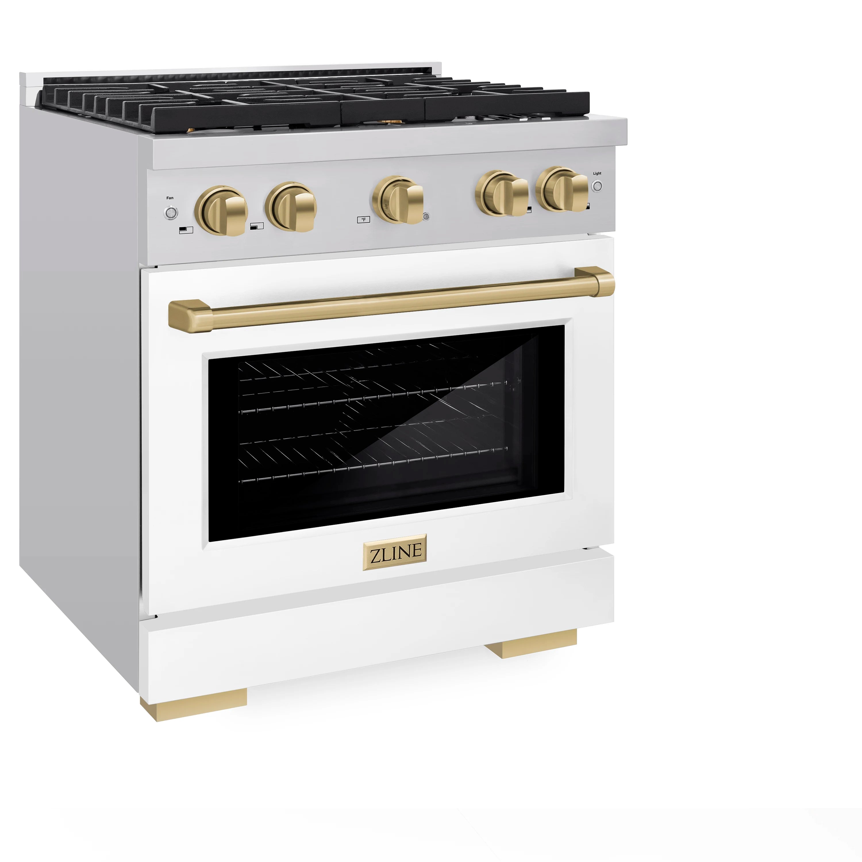 White dual fuel range with black cooktop grates, champagne bronze knobs, and door handle