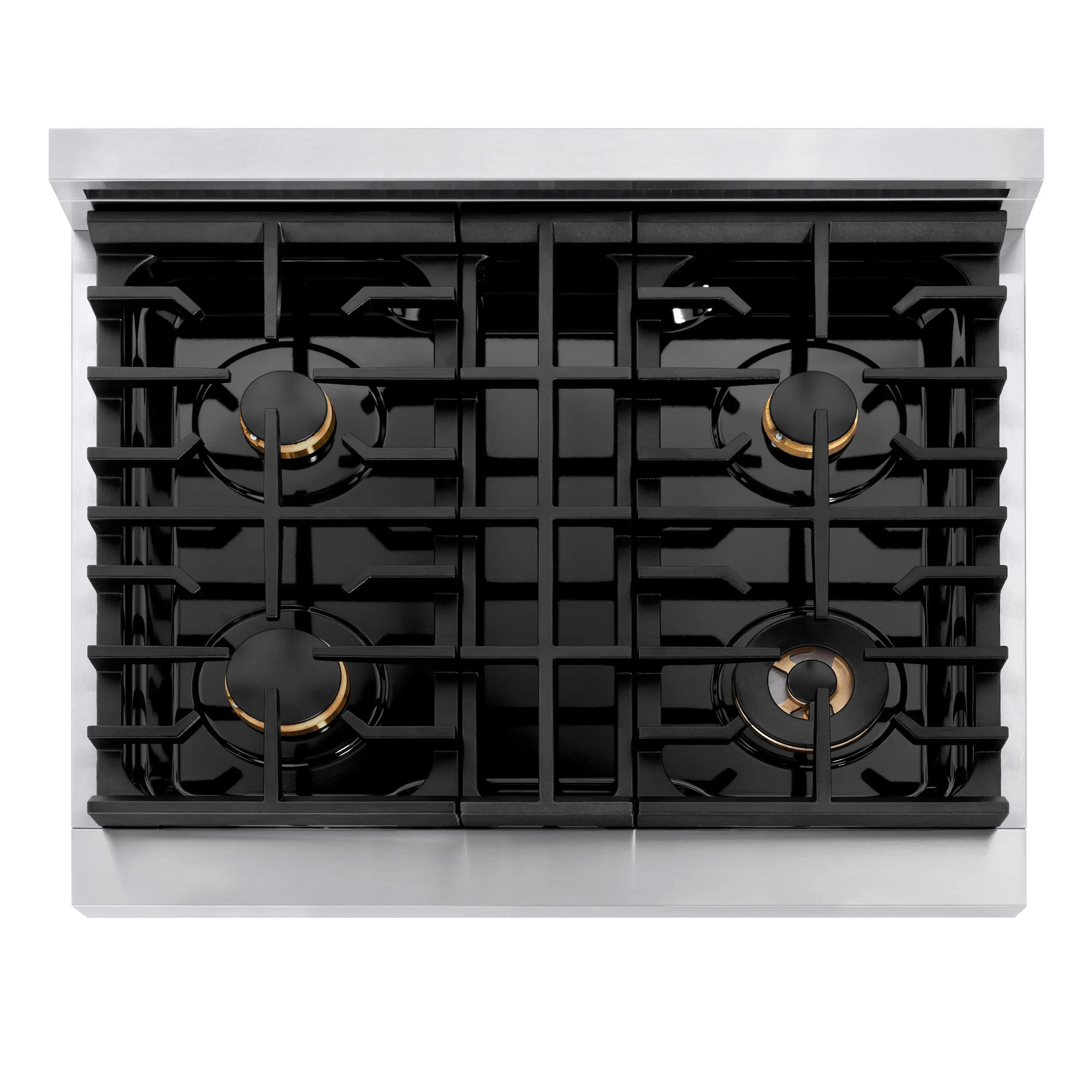 Close-up of 4-burner gas cooktop with black grates and champagne bronze burner bases