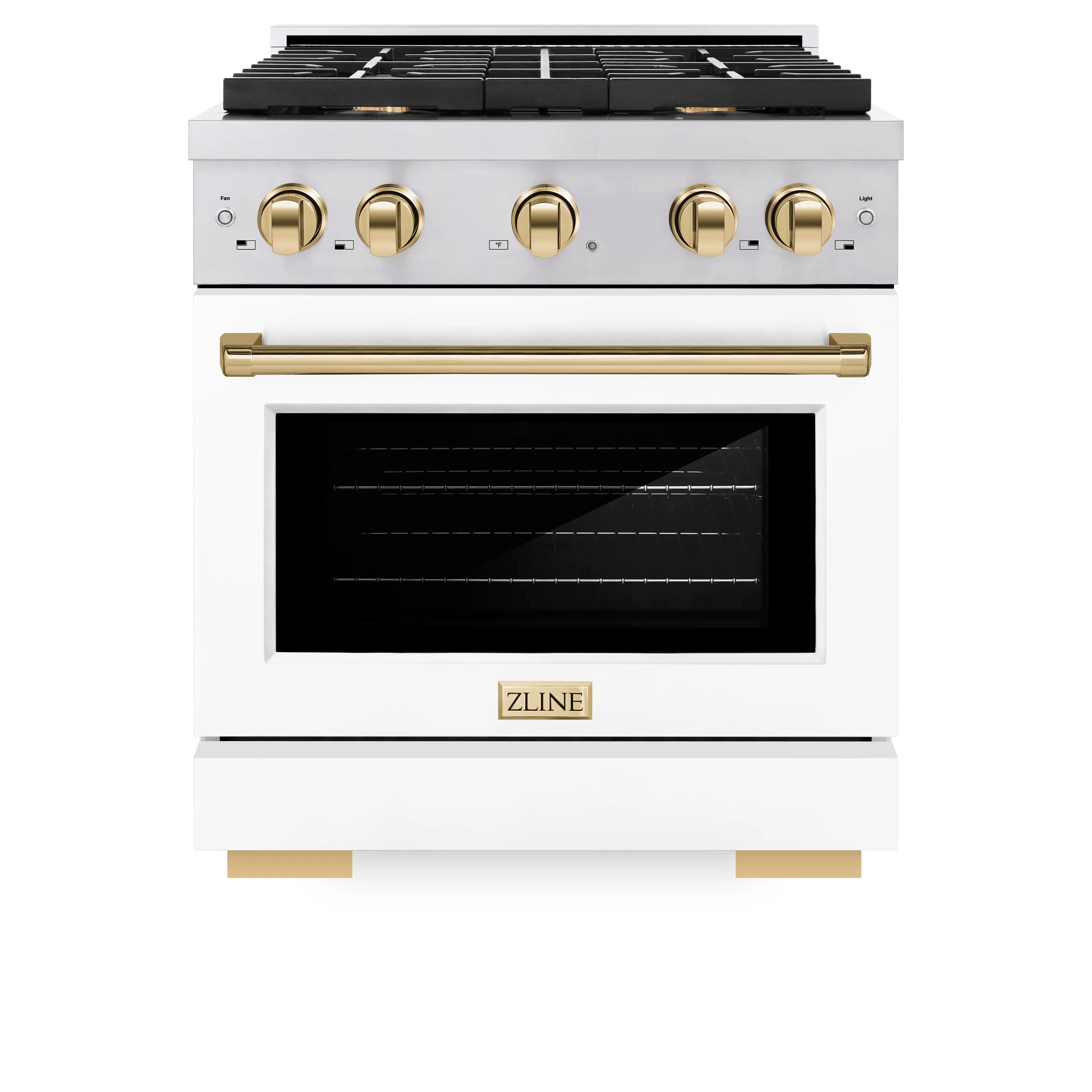 White dual fuel range with gold control knobs and convection oven door