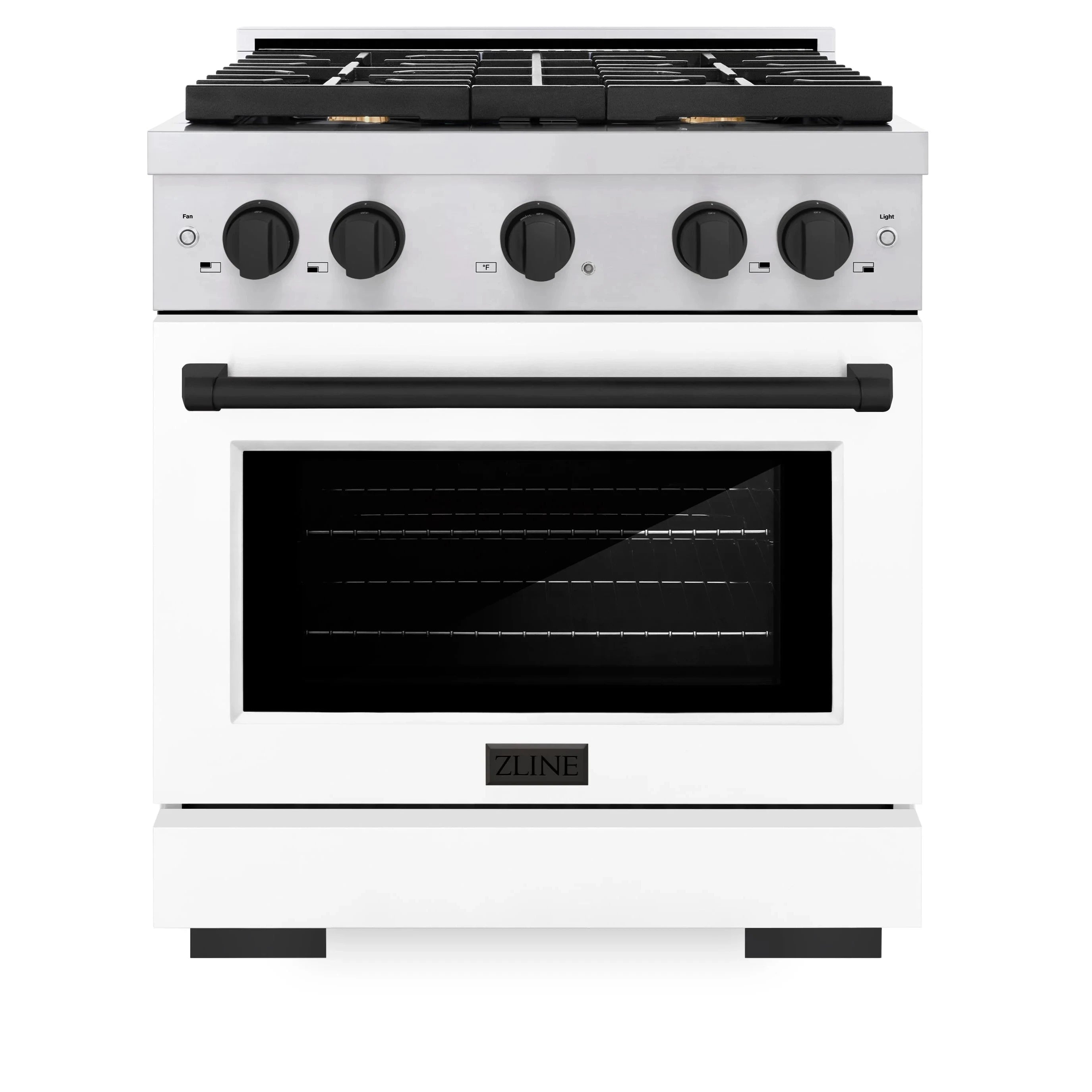 Stainless steel dual fuel range with white matte oven door and black burner grates